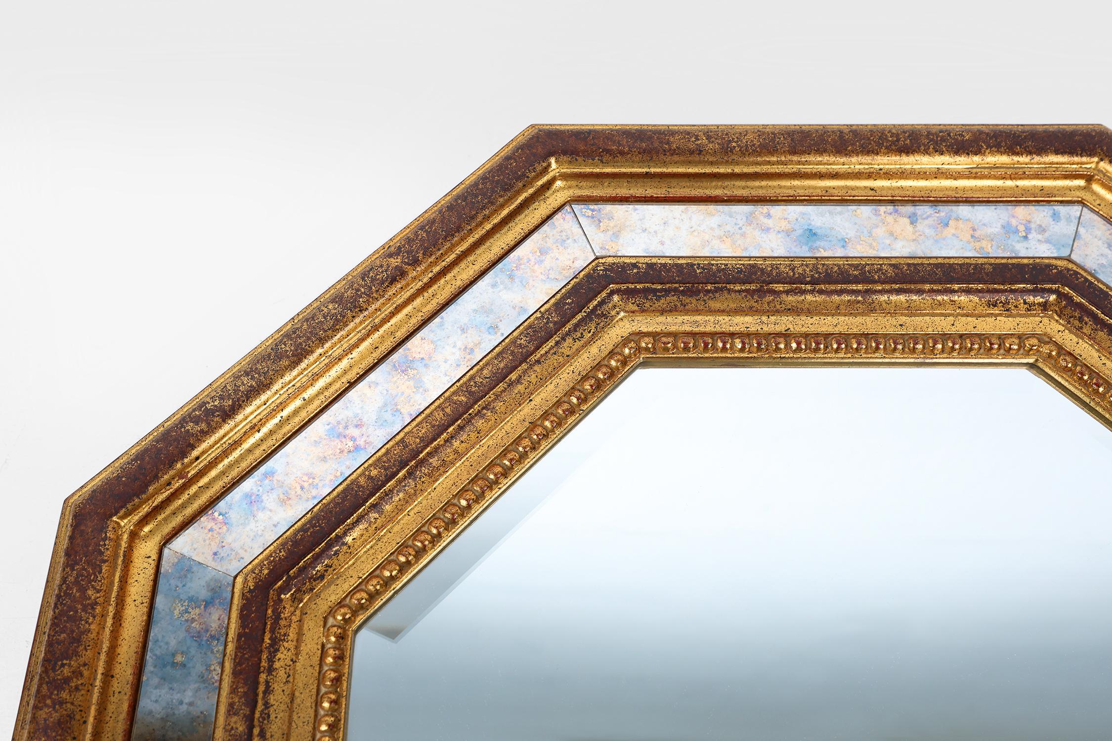 Belge Miroir octogonal doré Deknudt Belgique décoré de verre miroir fumé en vente