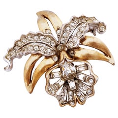 Vintage Gilded Orchid Flower Figural Brooch With Crystal Detail, 1950s