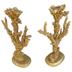 Gilded Pair of French Coral Branch Candlesticks