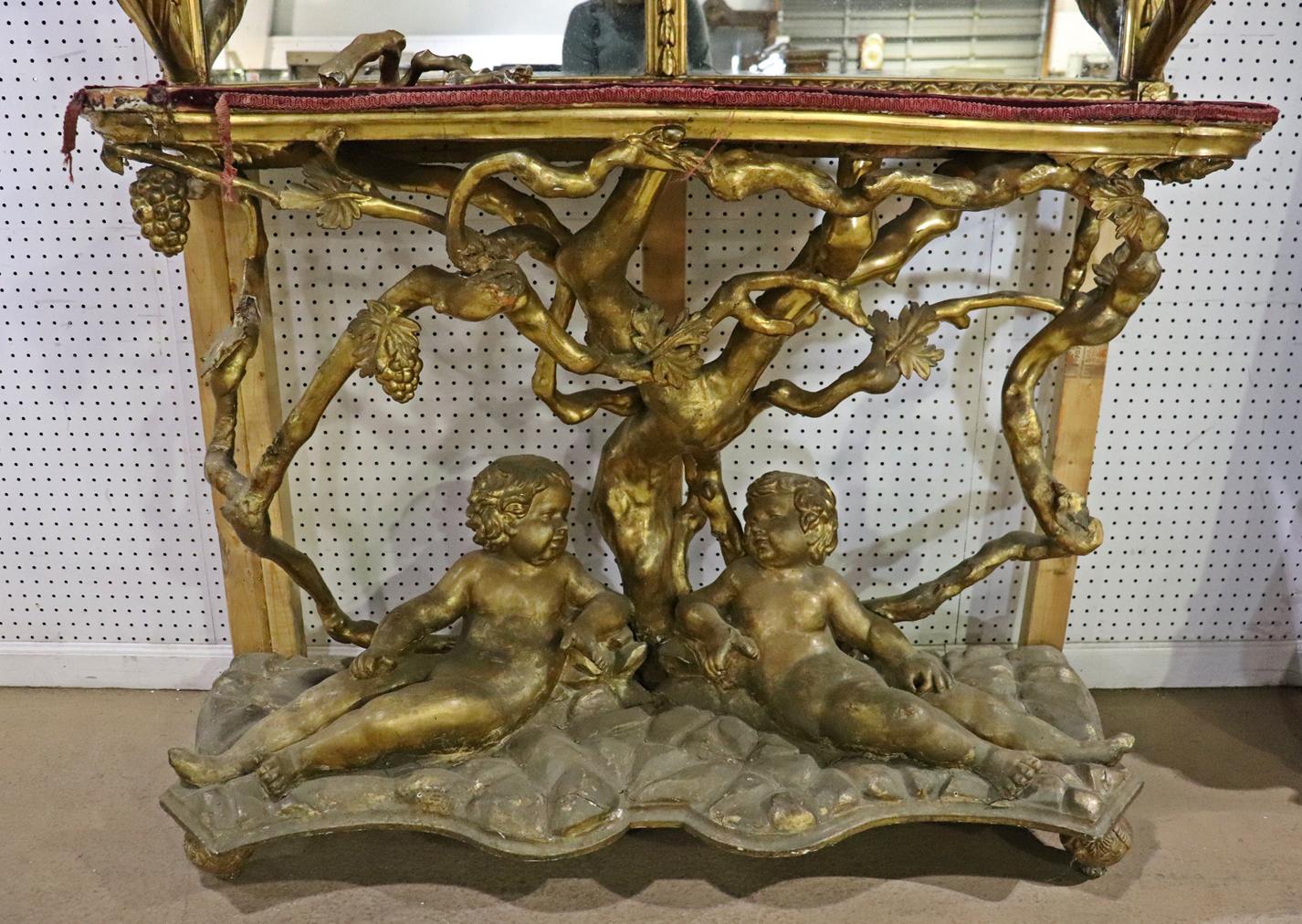 Louis XV Gilded Palatial Mirrored Console Cabinet Vitrine with Putti For Sale