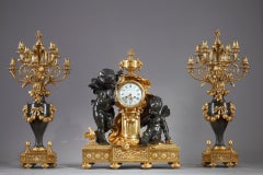 Gilded & Patinated Bronze "Putti" Clock Set Signed P. Roussel, France, c. 1880