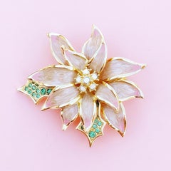 Gilded Pink Enamel Poinsettia Flower Figural Brooch by Nolan Miller, 1980s