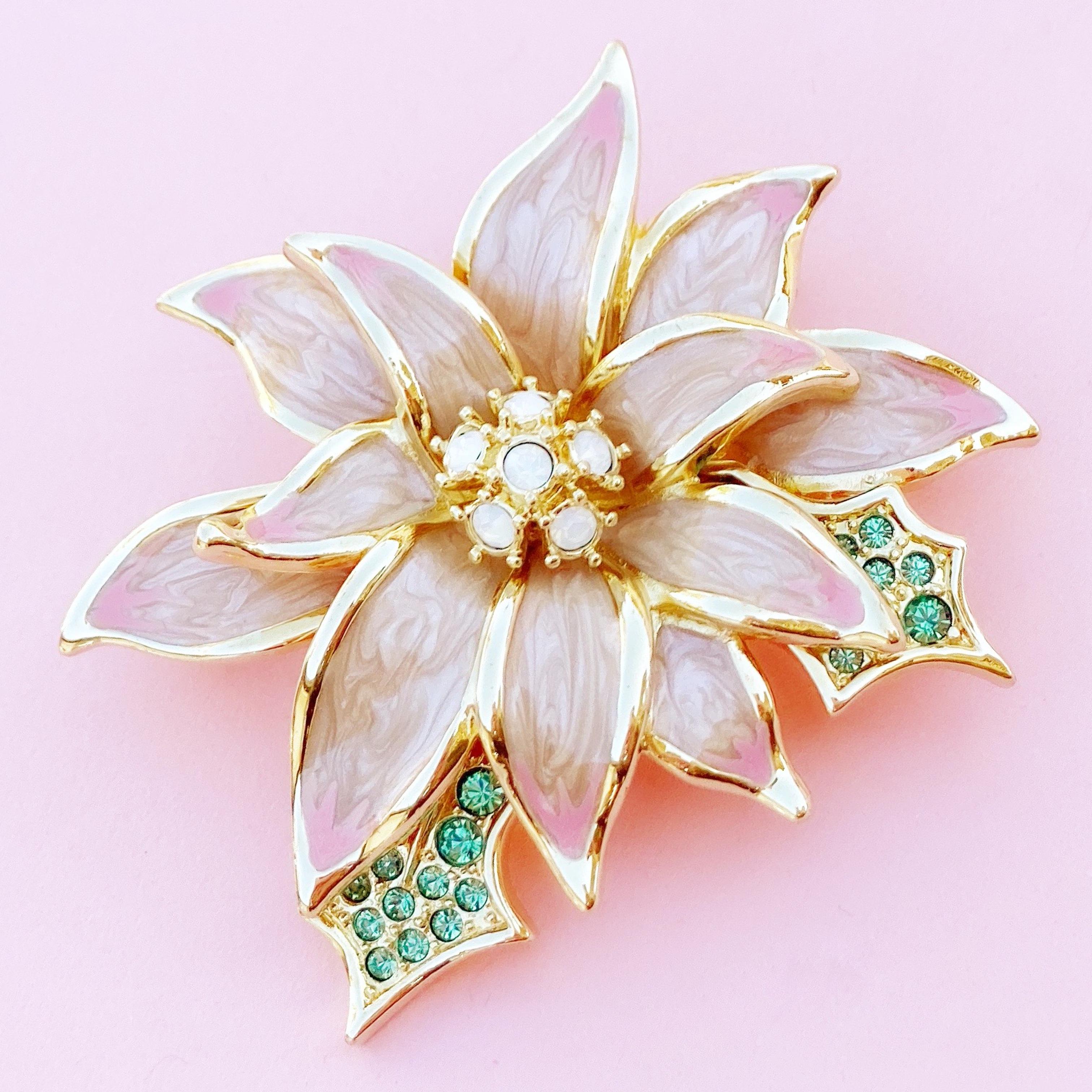 Gilded Pink Enamel Poinsettia Flower Figural Brooch by Nolan Miller, 1980s In Excellent Condition In McKinney, TX