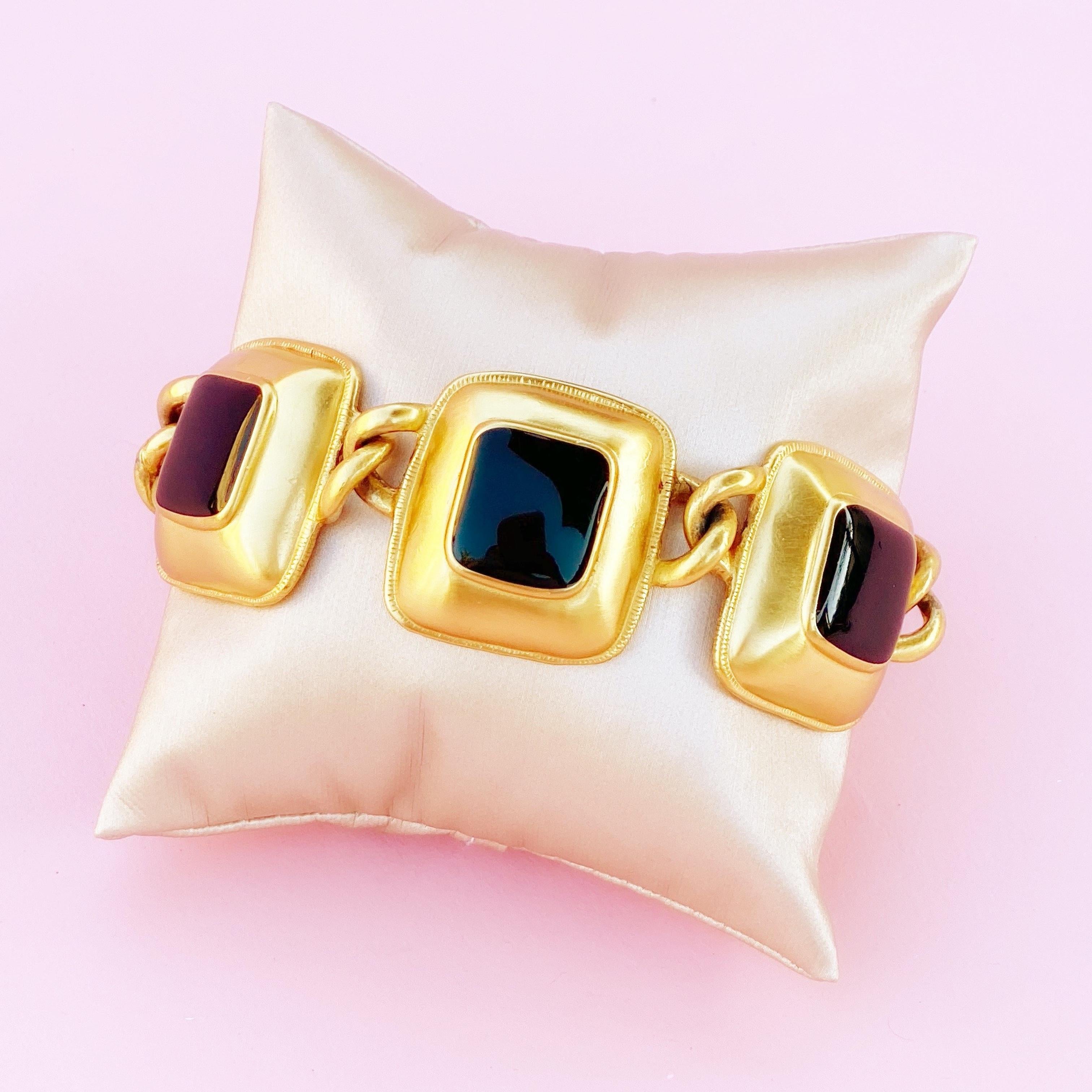 Modern Gilded Puffy Square Link Bracelet with Black Enameling By Anne Klein, 1980s