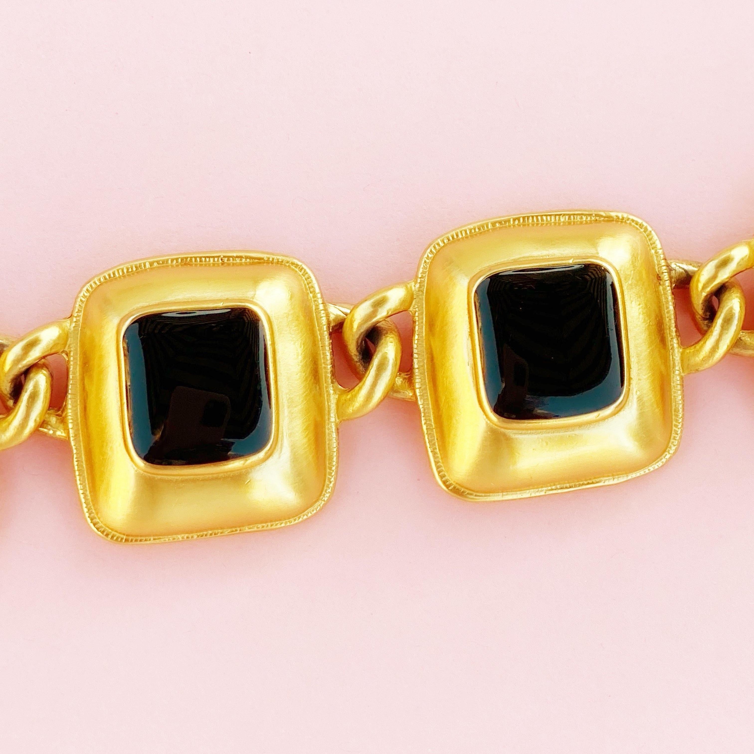 Gilded Puffy Square Link Bracelet with Black Enameling By Anne Klein, 1980s In Excellent Condition In McKinney, TX
