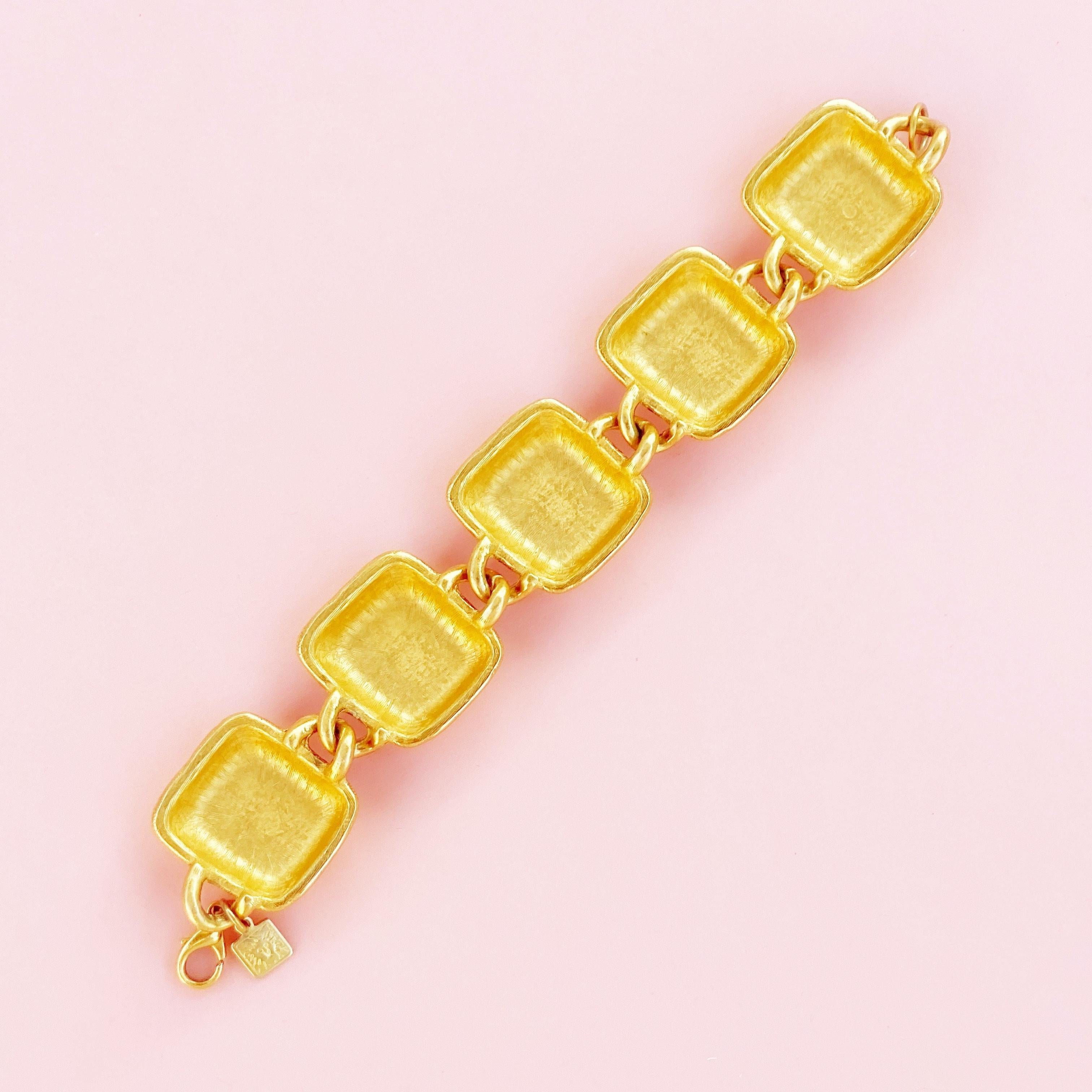 Women's Gilded Puffy Square Link Bracelet with Black Enameling By Anne Klein, 1980s