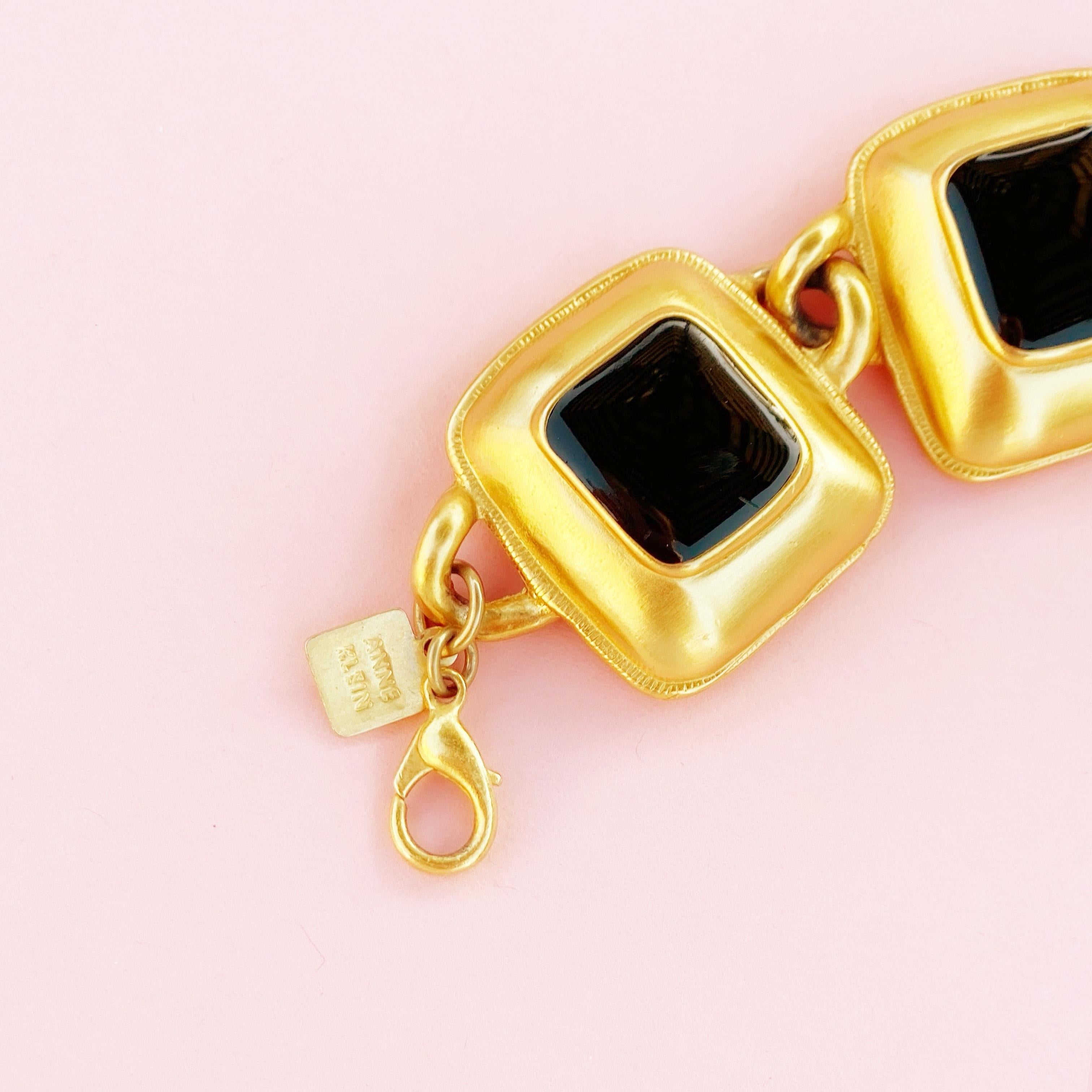 Gilded Puffy Square Link Bracelet with Black Enameling By Anne Klein, 1980s 1