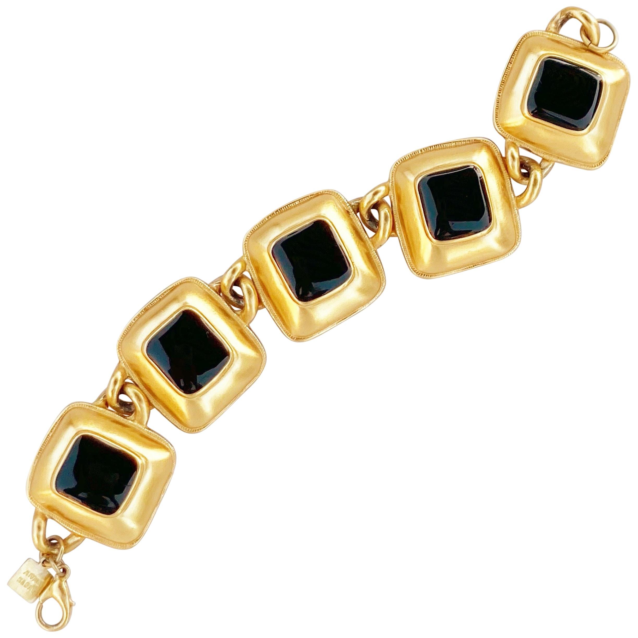 Gilded Puffy Square Link Bracelet with Black Enameling By Anne Klein, 1980s
