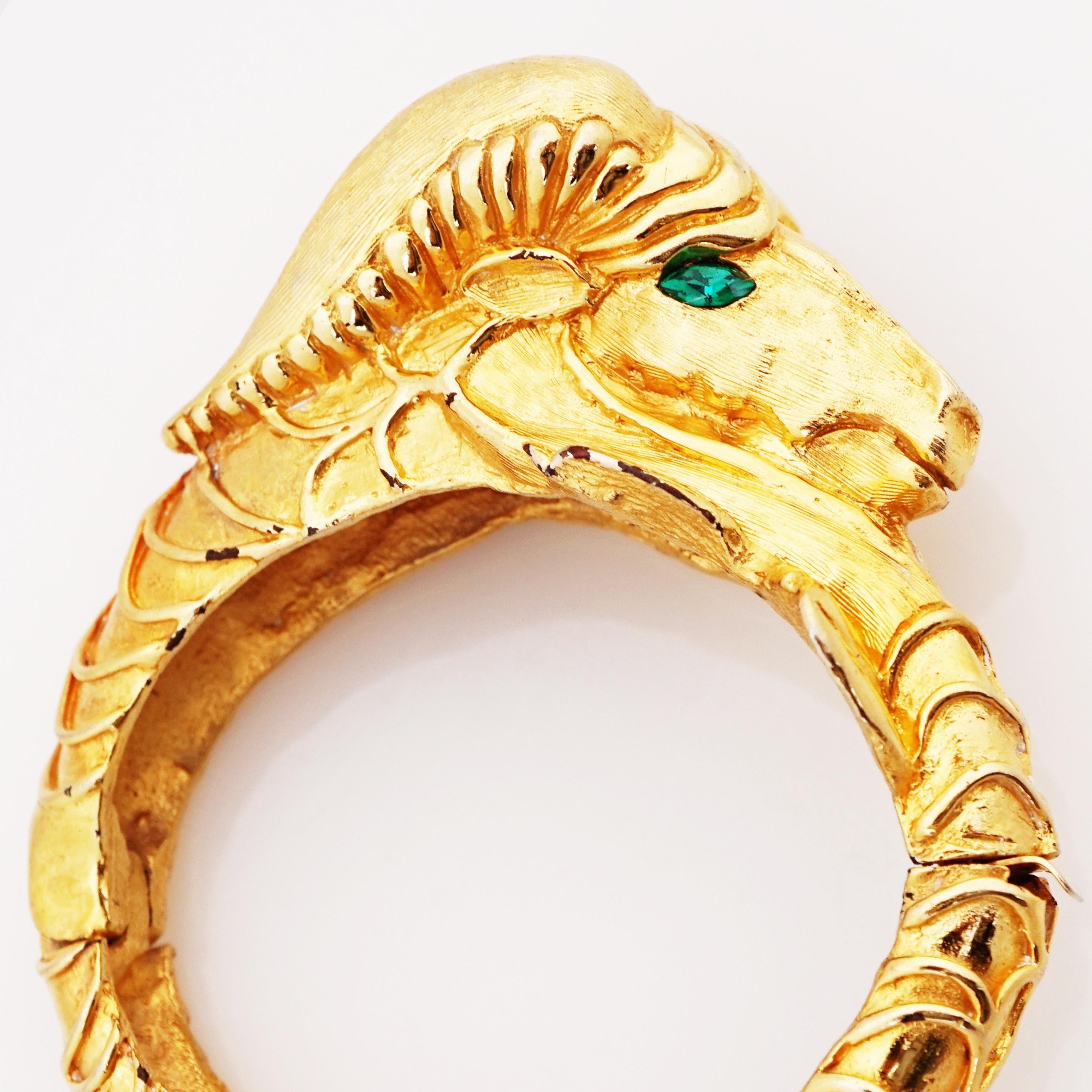 Gilded Rams Head Figural Hinged Bracelet By Kenneth Jay Lane, 1970s In Good Condition For Sale In McKinney, TX