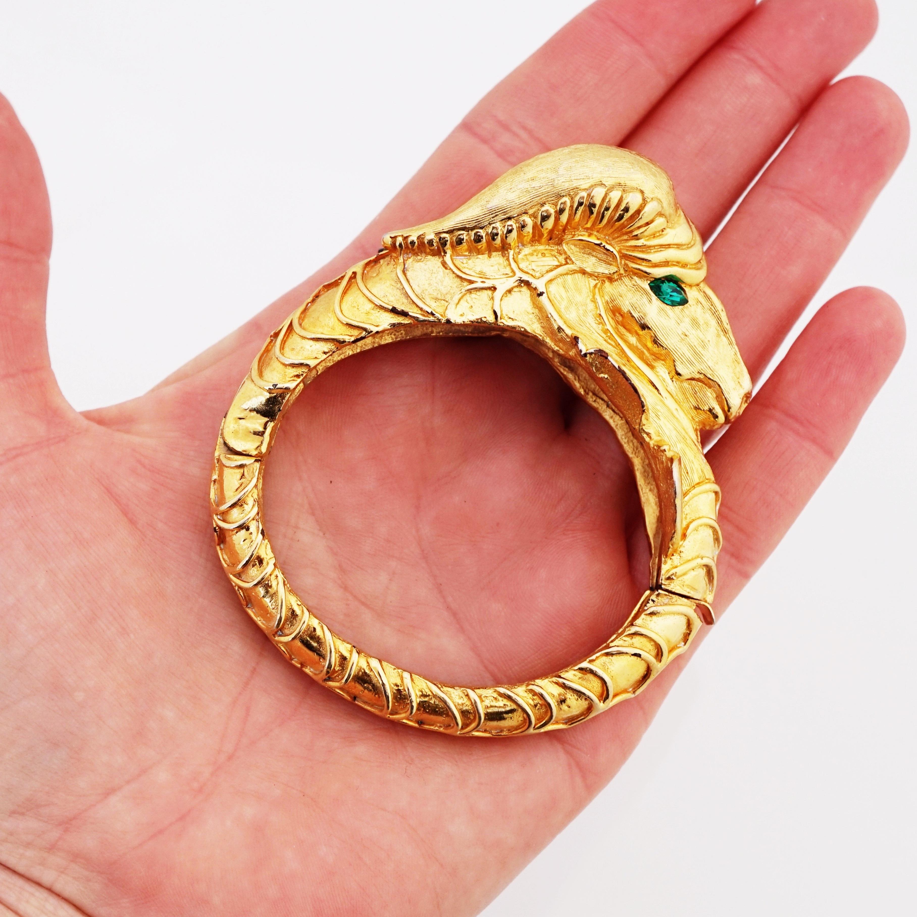 Gilded Rams Head Figural Hinged Bracelet By Kenneth Jay Lane, 1970s For Sale 1
