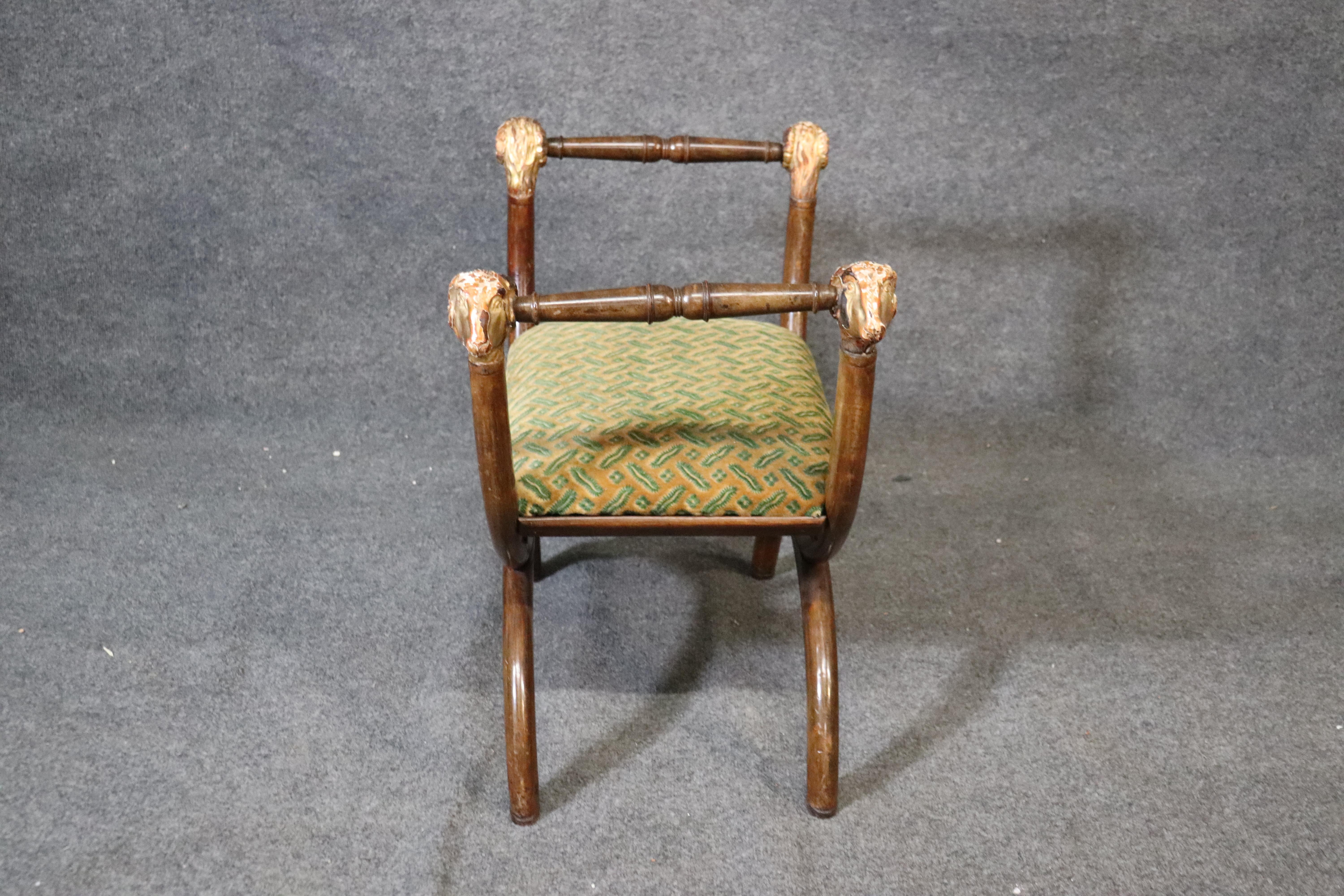 Mid-20th Century Gilded Rams Head French Regency Walnut Cerule Form Stool Bench, circa 1930