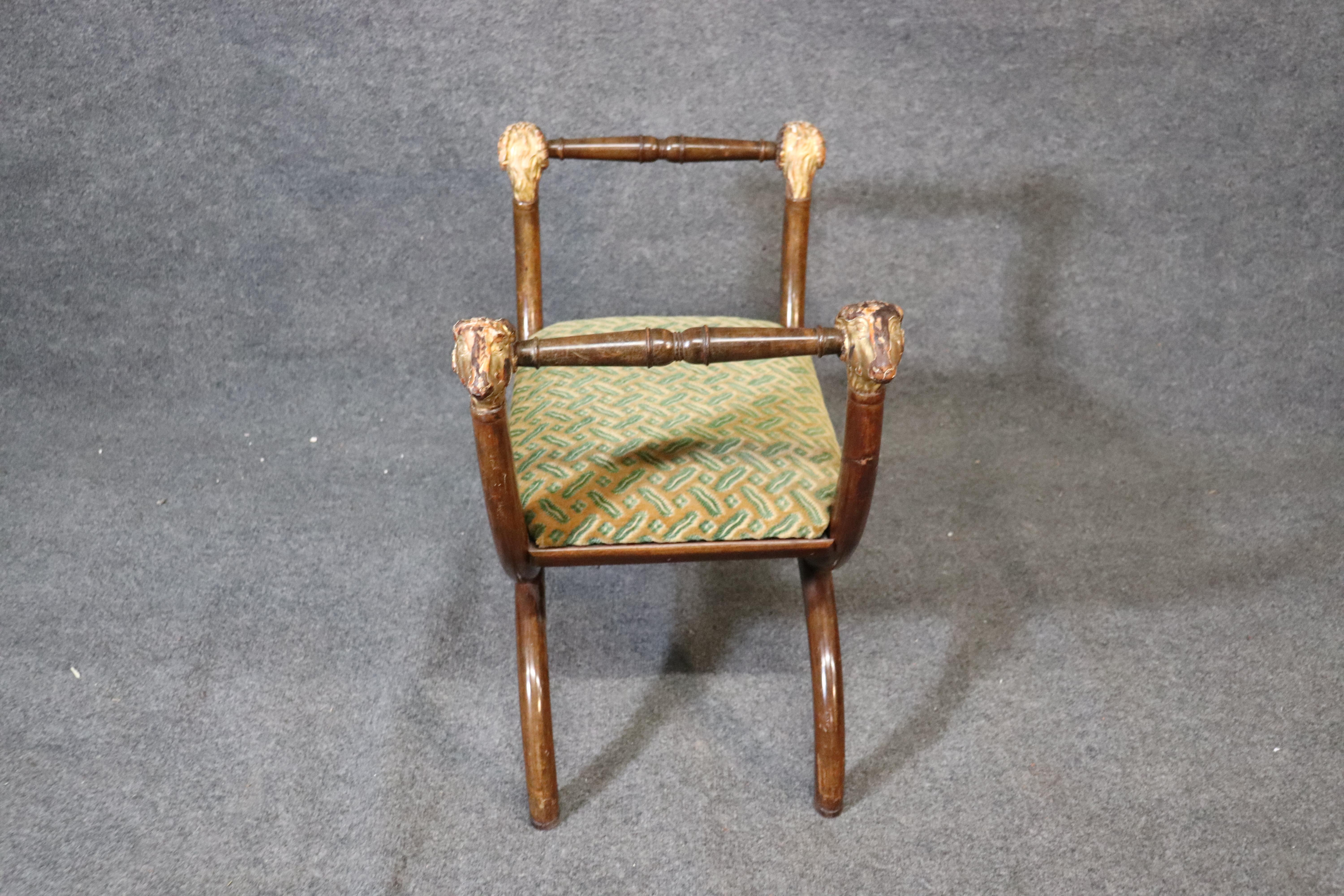 Gilded Rams Head French Regency Walnut Cerule Form Stool Bench, circa 1930 1