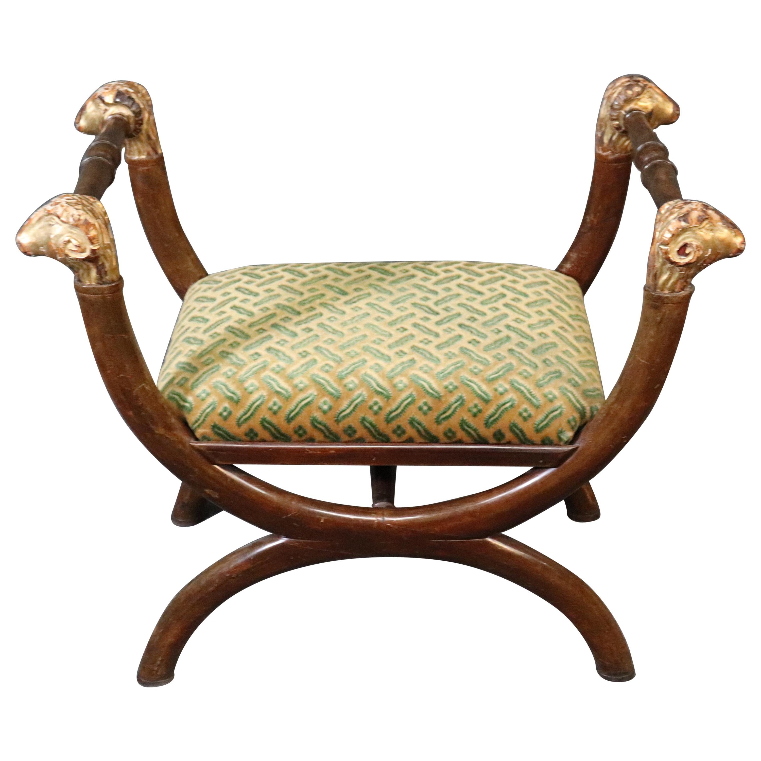 Gilded Rams Head French Regency Walnut Cerule Form Stool Bench, circa 1930