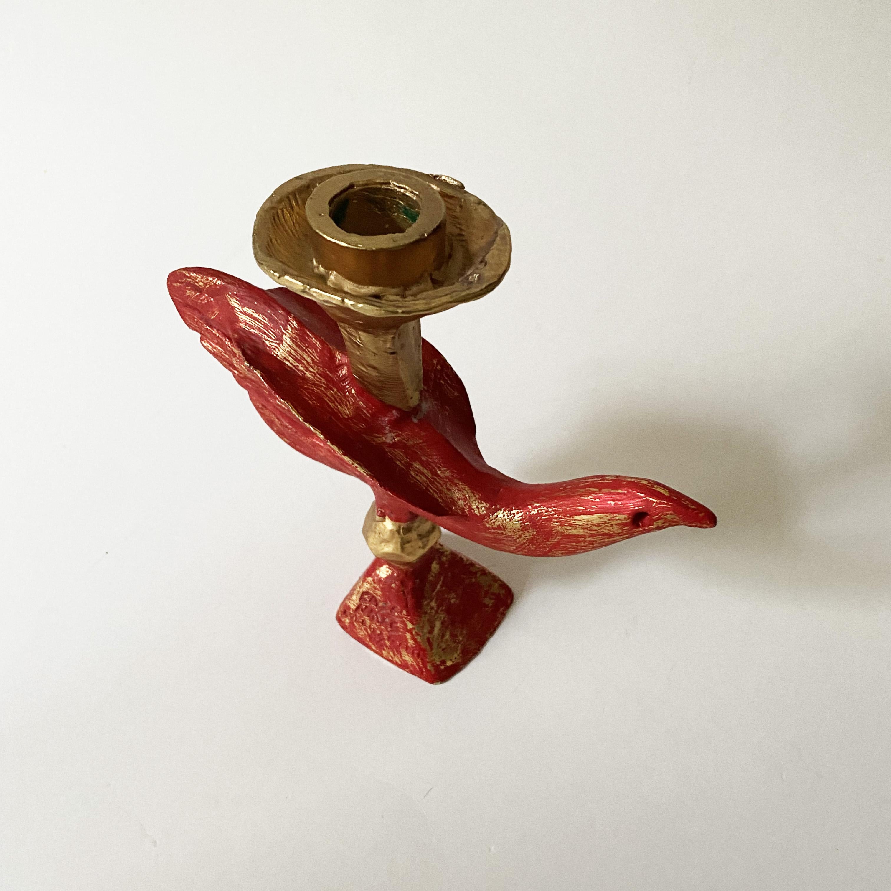 French Gilded & Red Sculptural Bird Candlestick by Pierre Casenove for Fondica, 1990s. For Sale
