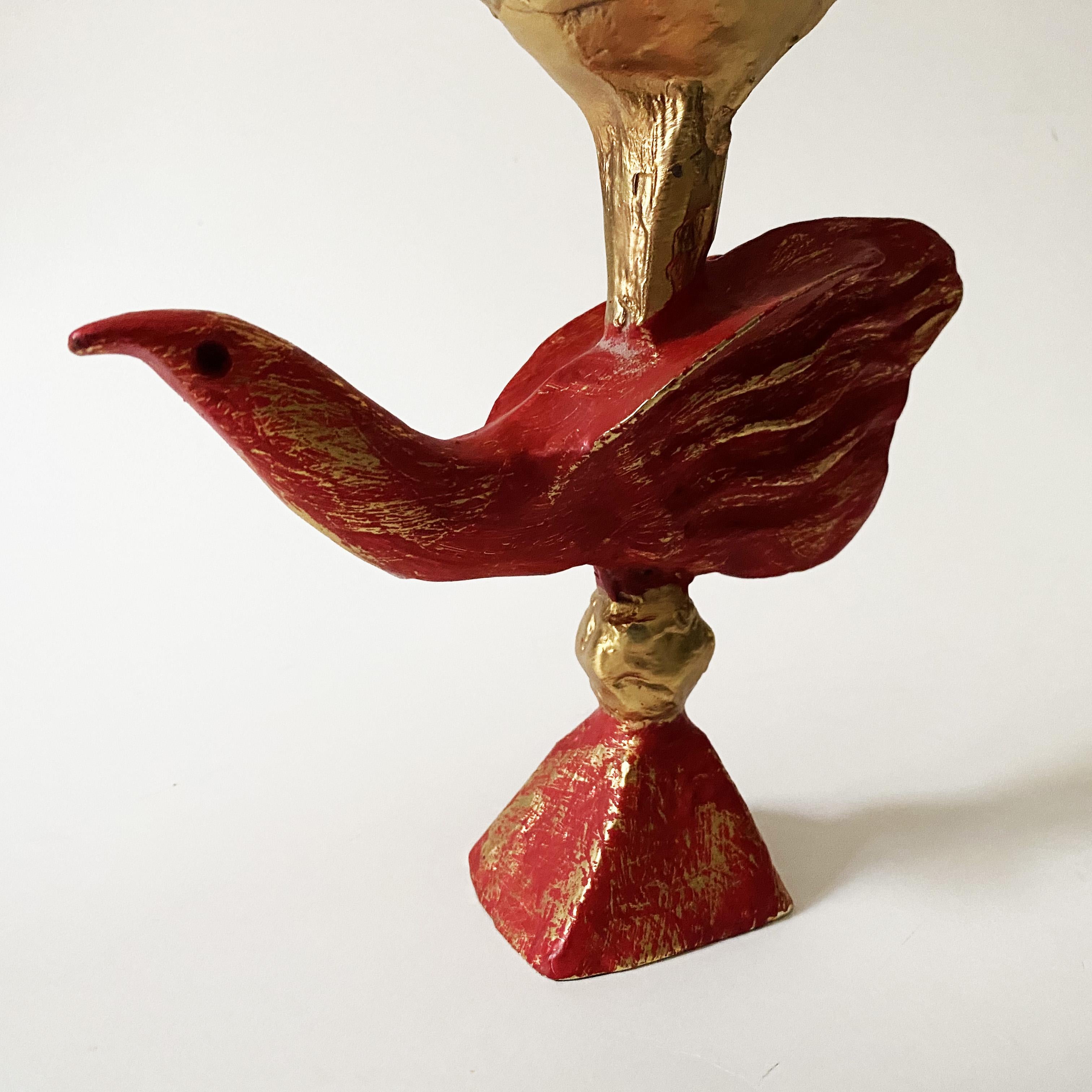 Gilded & Red Sculptural Bird Candlestick by Pierre Casenove for Fondica, 1990s. In Good Condition For Sale In Lille, FR