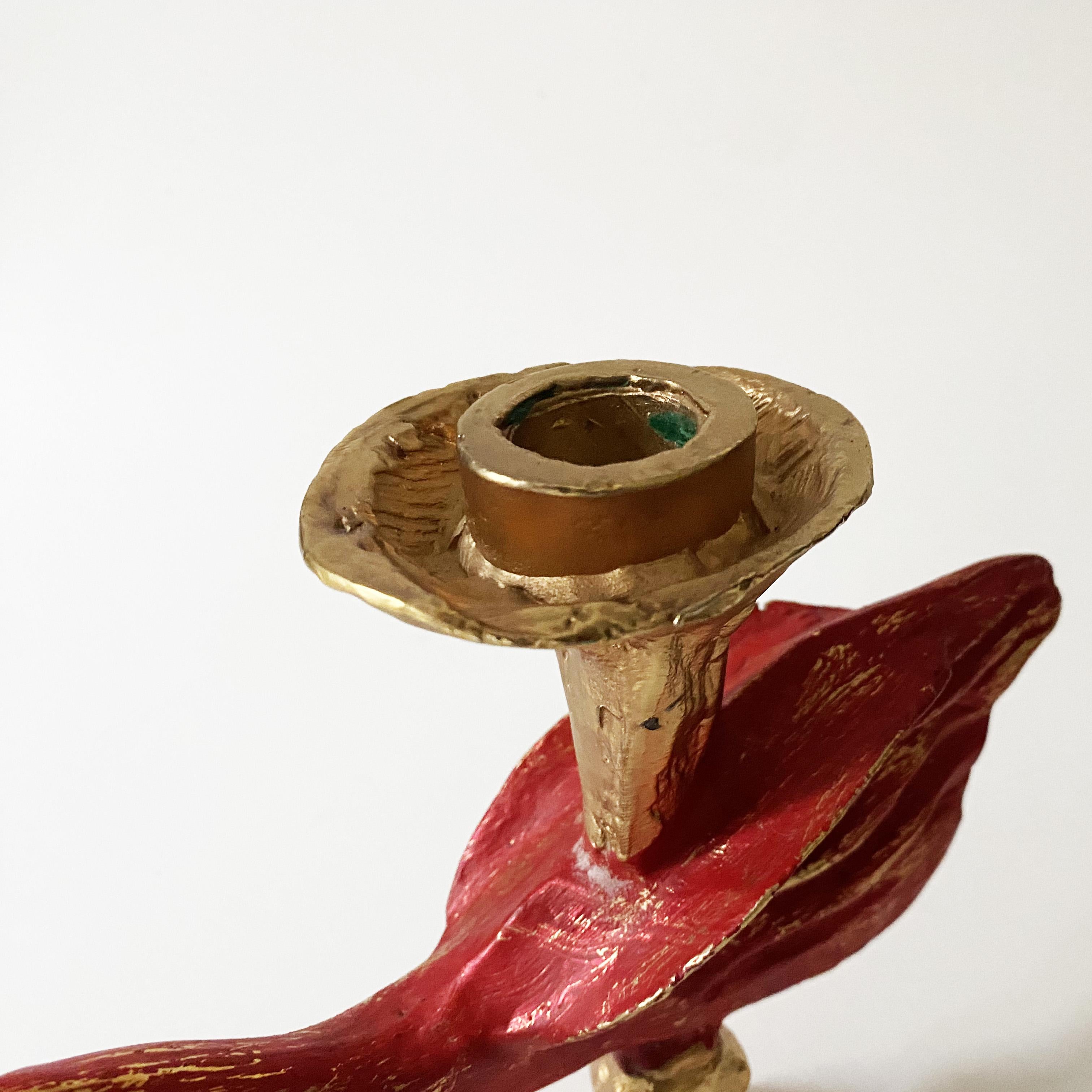 Late 20th Century Gilded & Red Sculptural Bird Candlestick by Pierre Casenove for Fondica, 1990s. For Sale