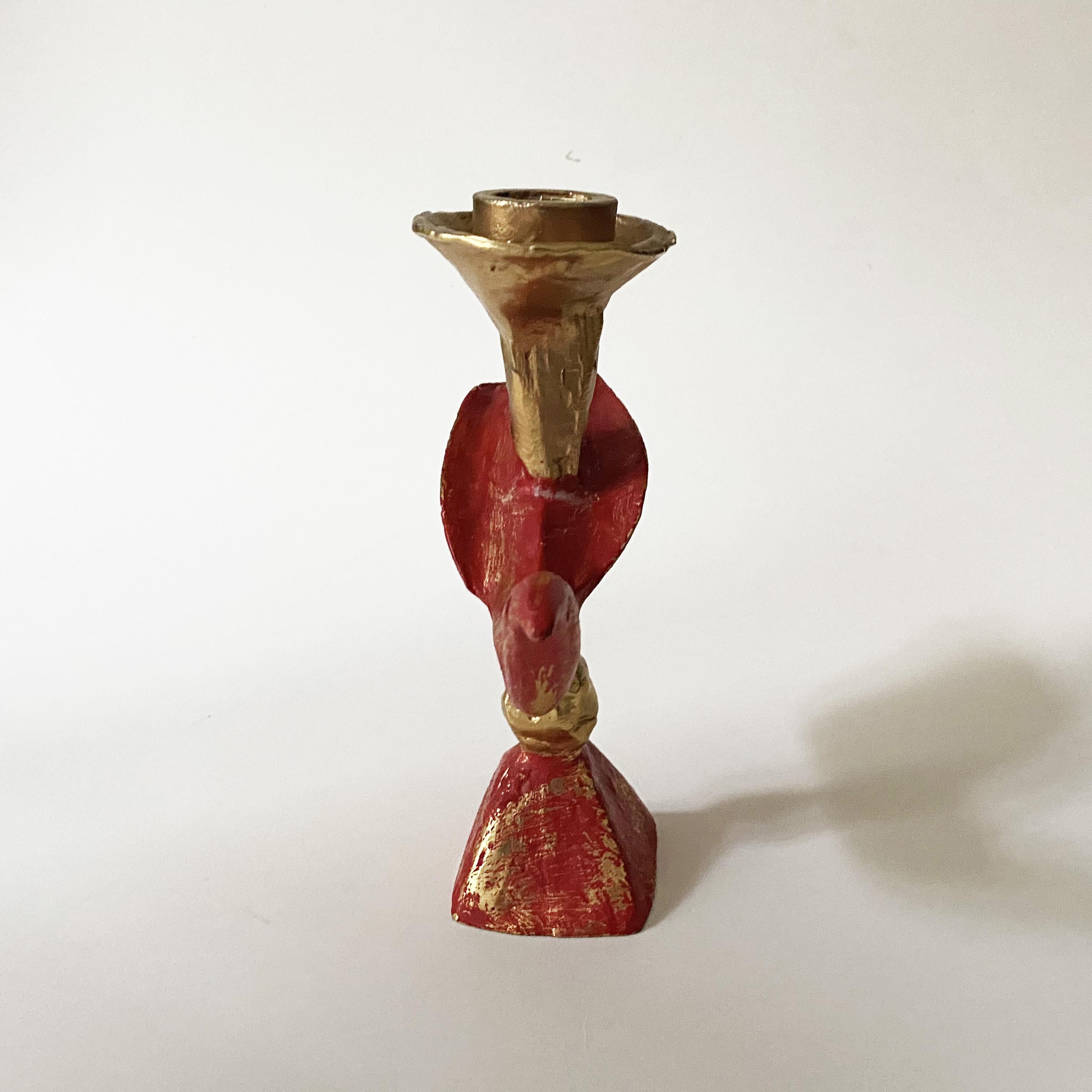 Gilded & Red Sculptural Bird Candlestick by Pierre Casenove for Fondica, 1990s. For Sale 2