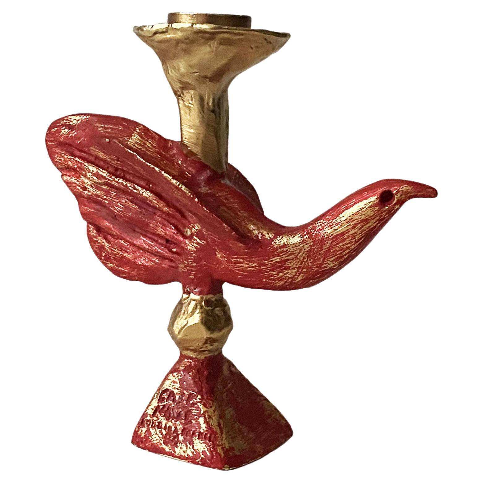 Vergoldeter und roter skulpturaler Vogel-Kerzenleuchter von Pierre Casenove für Fondica, 1990er Jahre. im Angebot