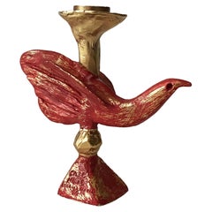 Retro Gilded & Red Sculptural Bird Candlestick by Pierre Casenove for Fondica, 1990s.