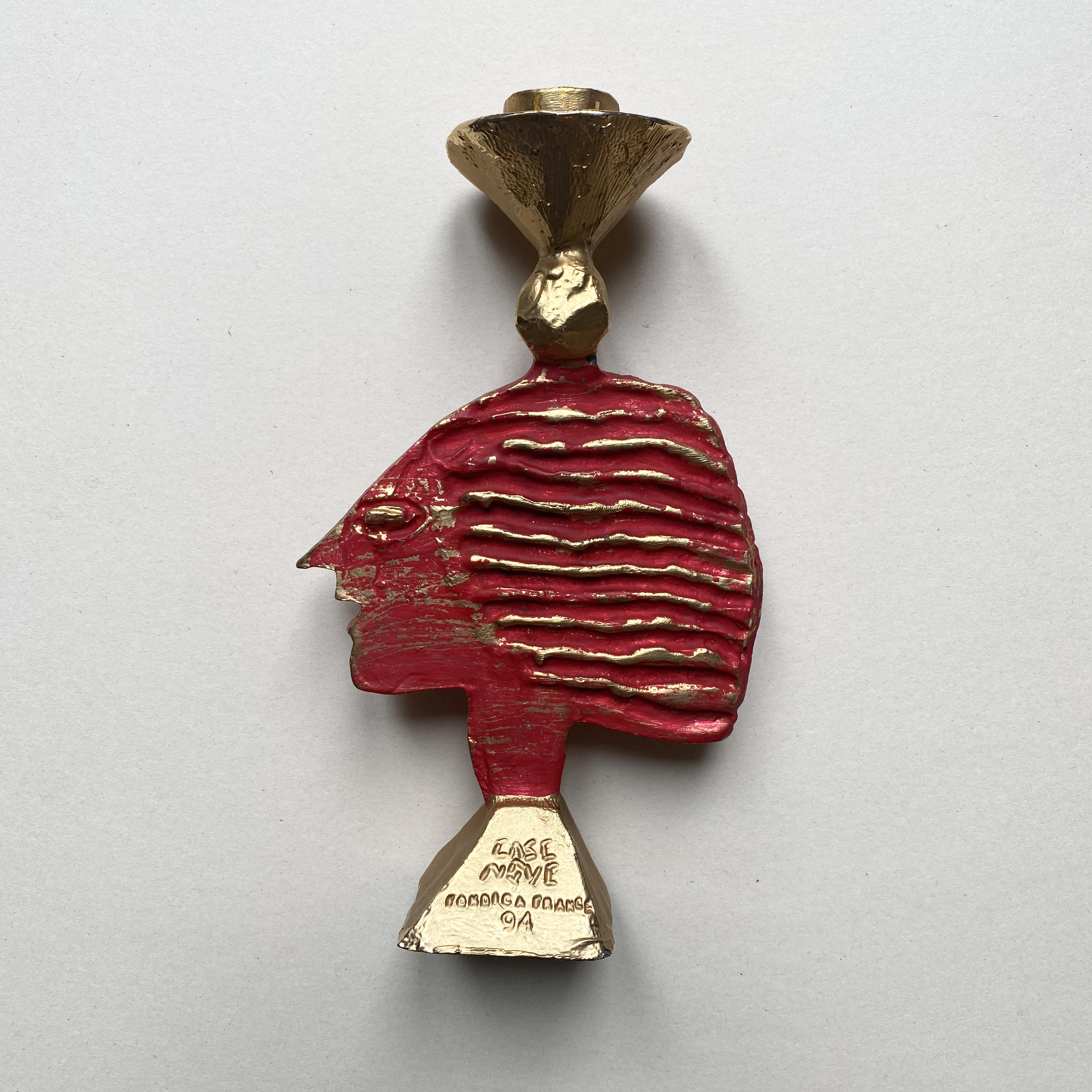 Brutalist Gilded & Red Sculptural Candlestick by Pierre Casenove for Fondica, 1990s.