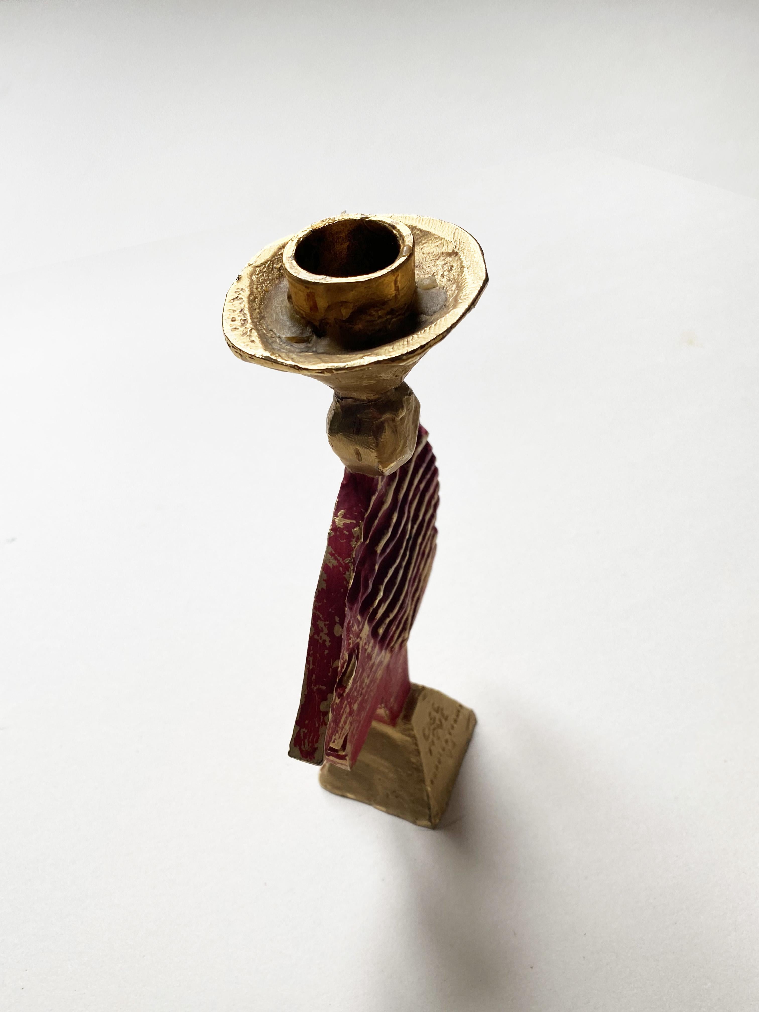 Gilded & Red Sculptural Candlestick by Pierre Casenove for Fondica, 1990s. In Good Condition In Lille, FR