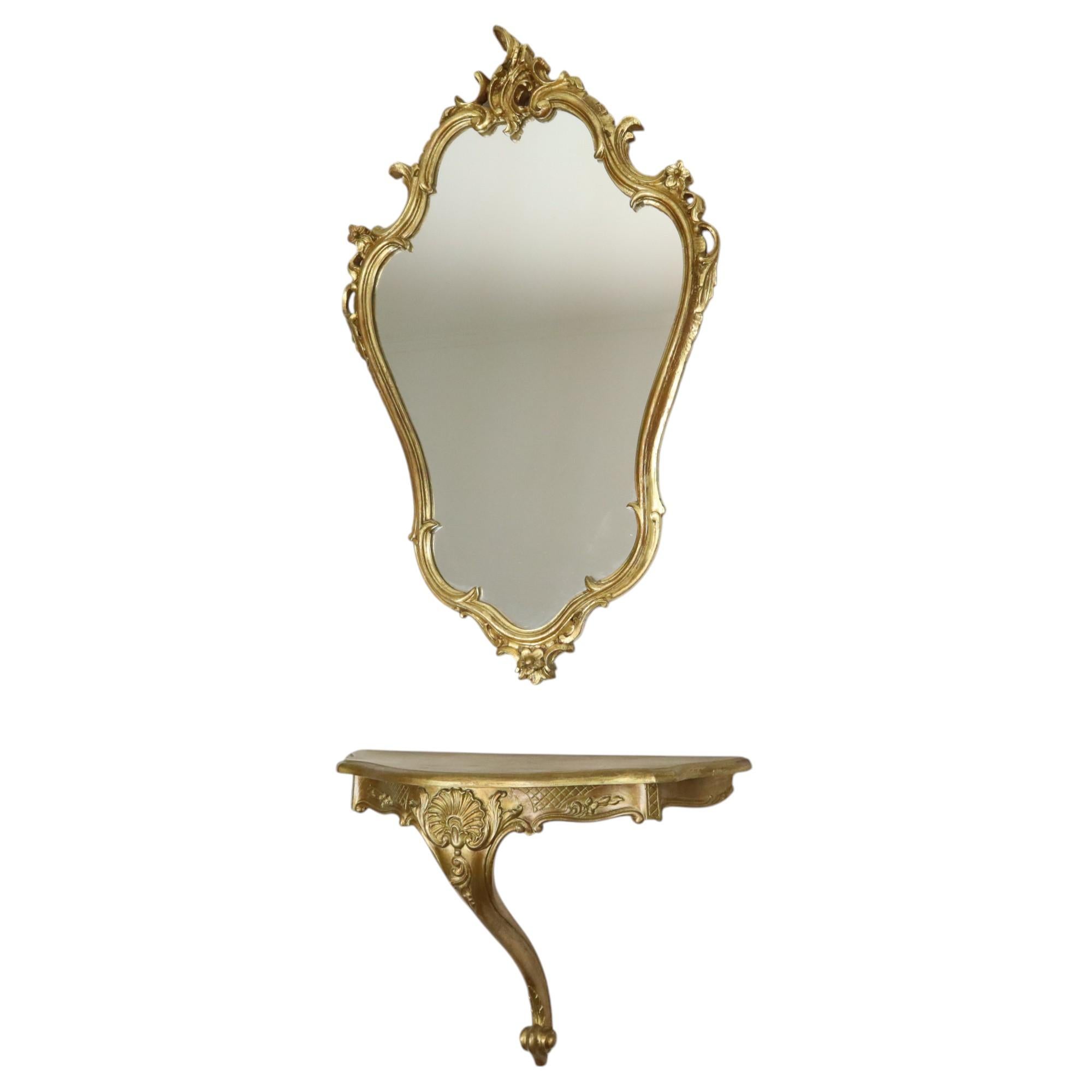Gilt Gilded Rococo Style Mirror With Console Acanthus France For Sale