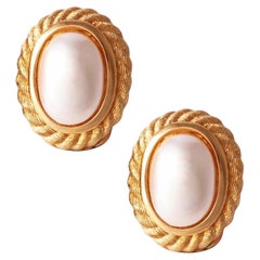 Gilded Rope Bezel Set Pearl Earrings By Christian Dior, 1980s