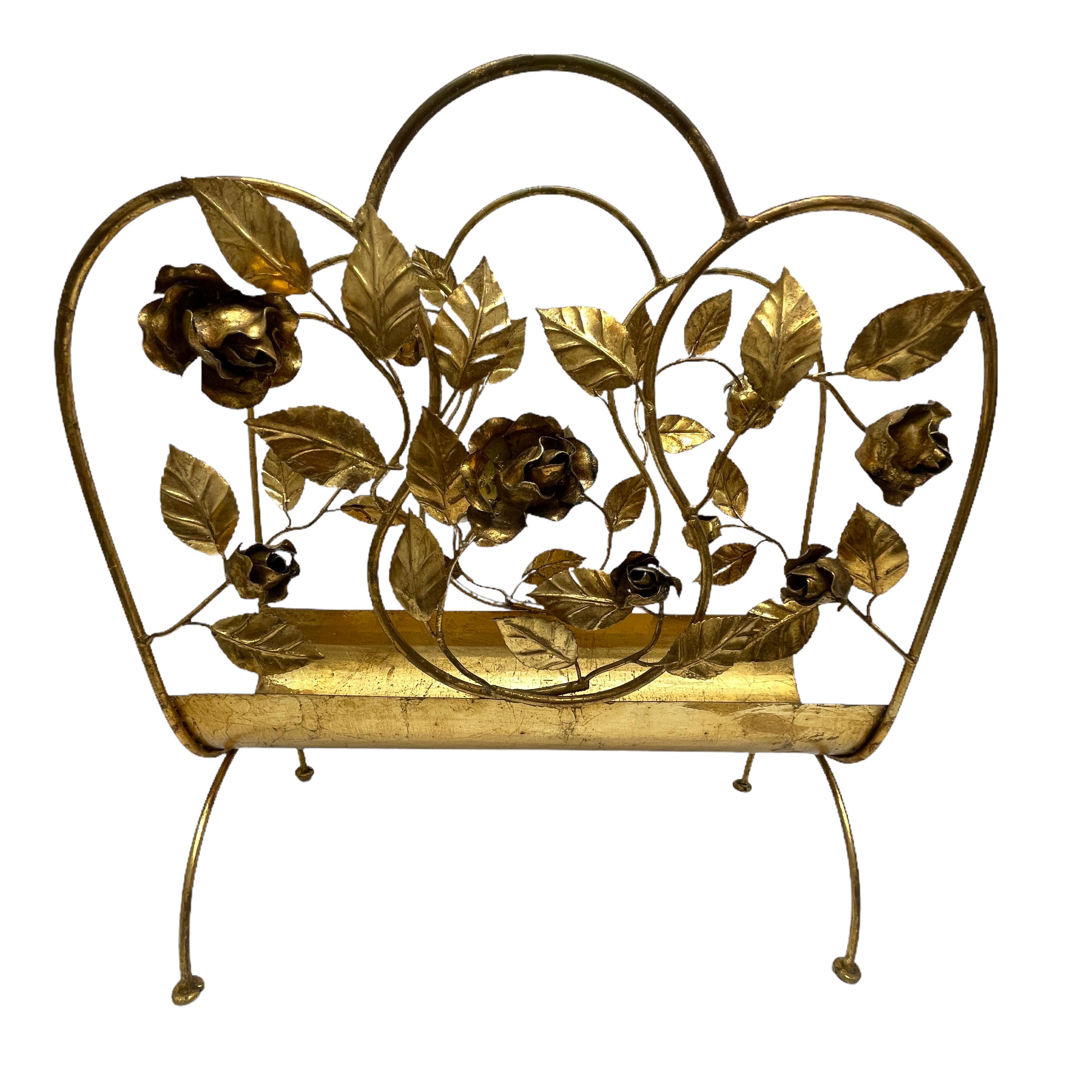 Mid-Century Modern Gilded Rose Magazine Rack Florentine Hollywood Regency Style Tole Toleware 1950s For Sale