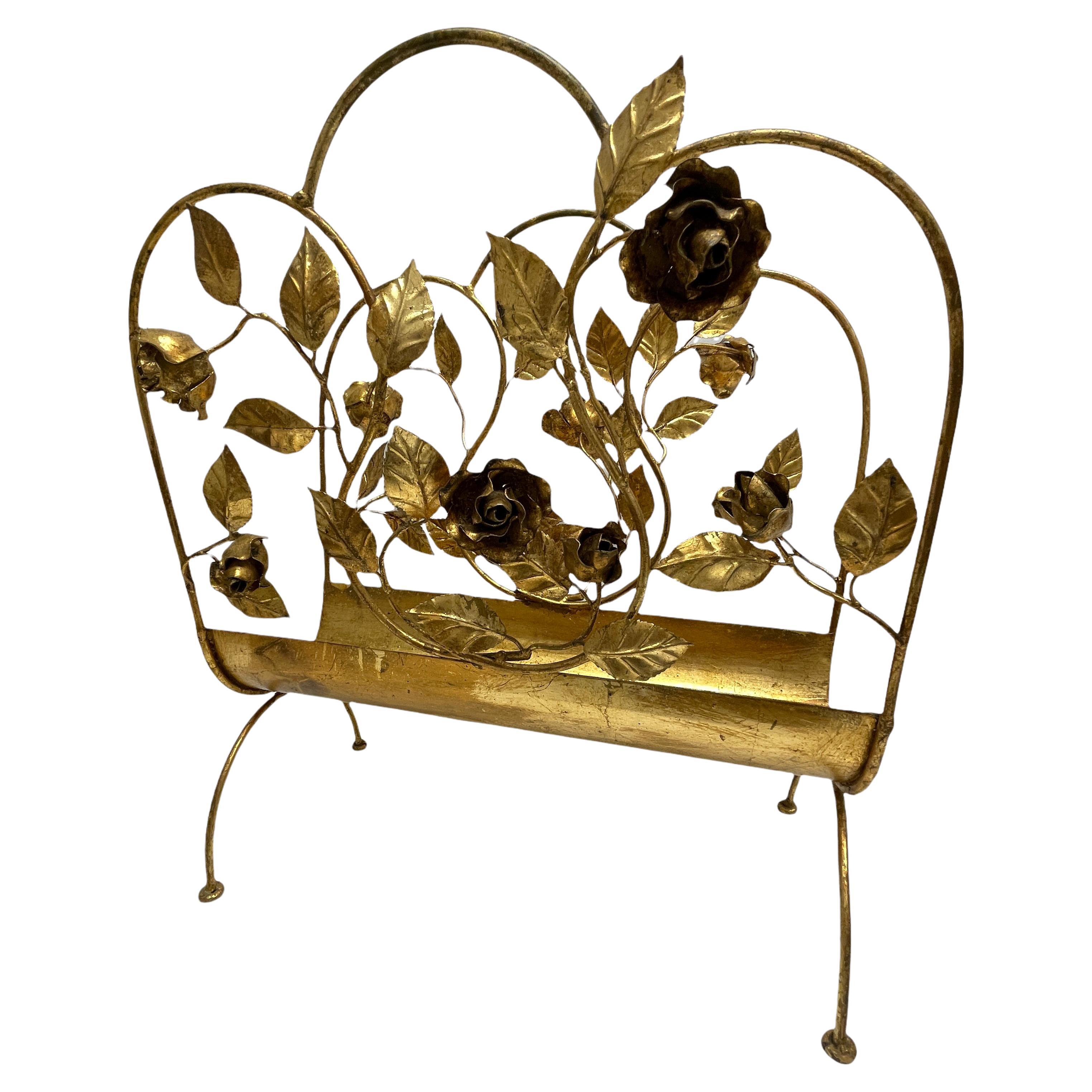 Gilded Rose Magazine Rack Florentine Hollywood Regency Style Tole Toleware 1950s For Sale