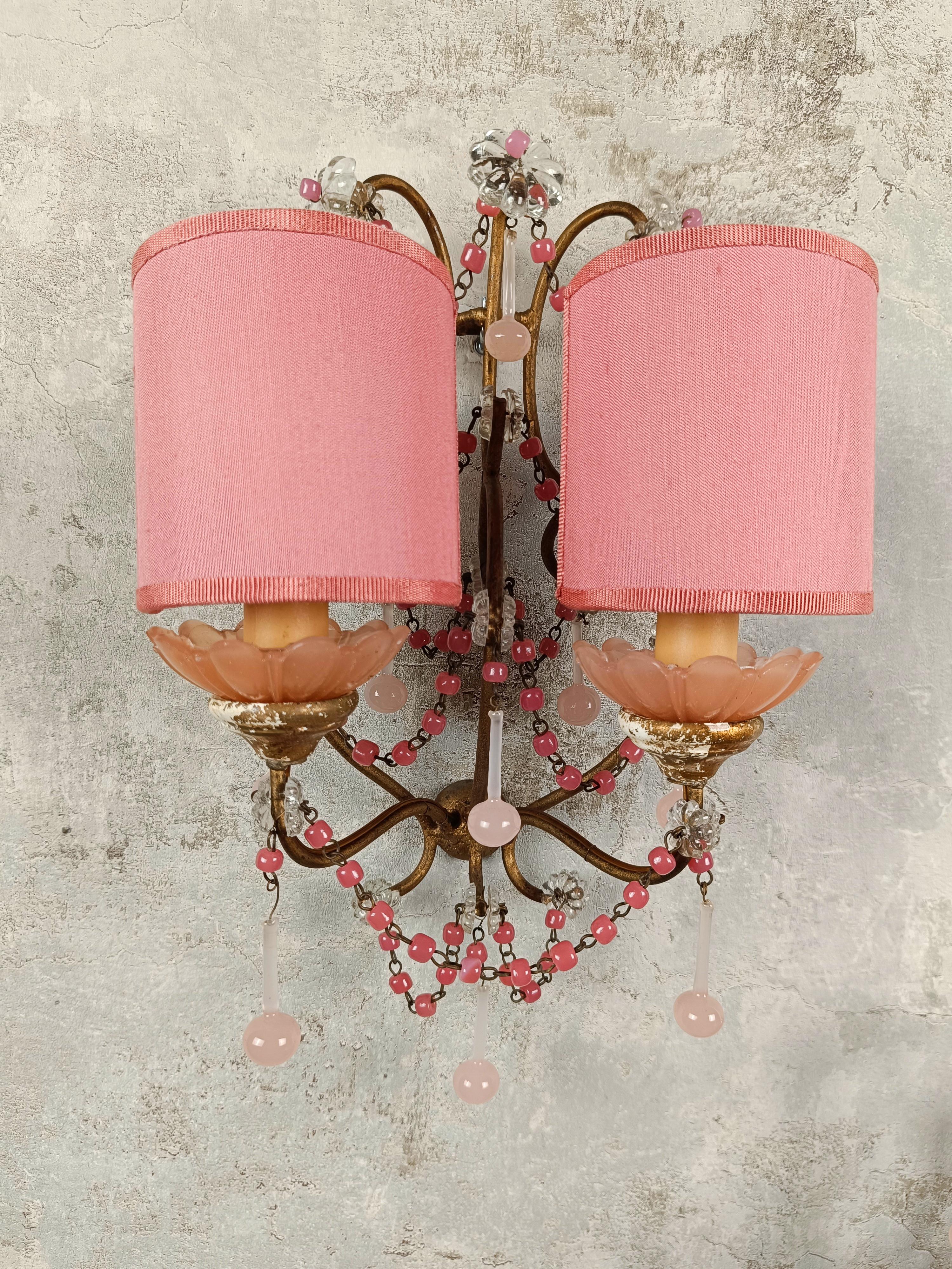 Gilded sconces with peachy pink opaline cups, crystal beaded and Murano drops  For Sale 3