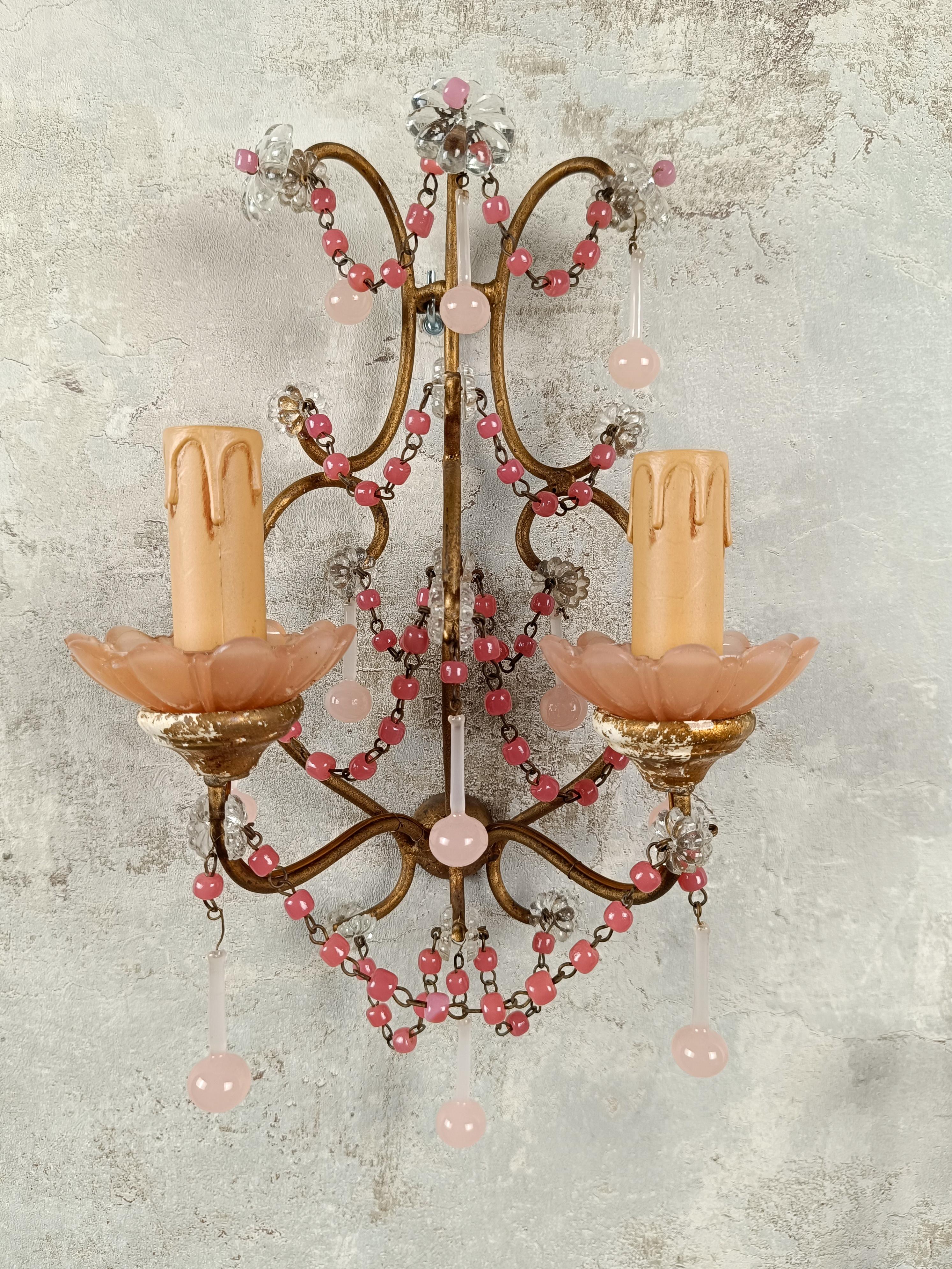 Gilded sconces with peachy pink opaline cups, crystal beaded and Murano drops  For Sale 4