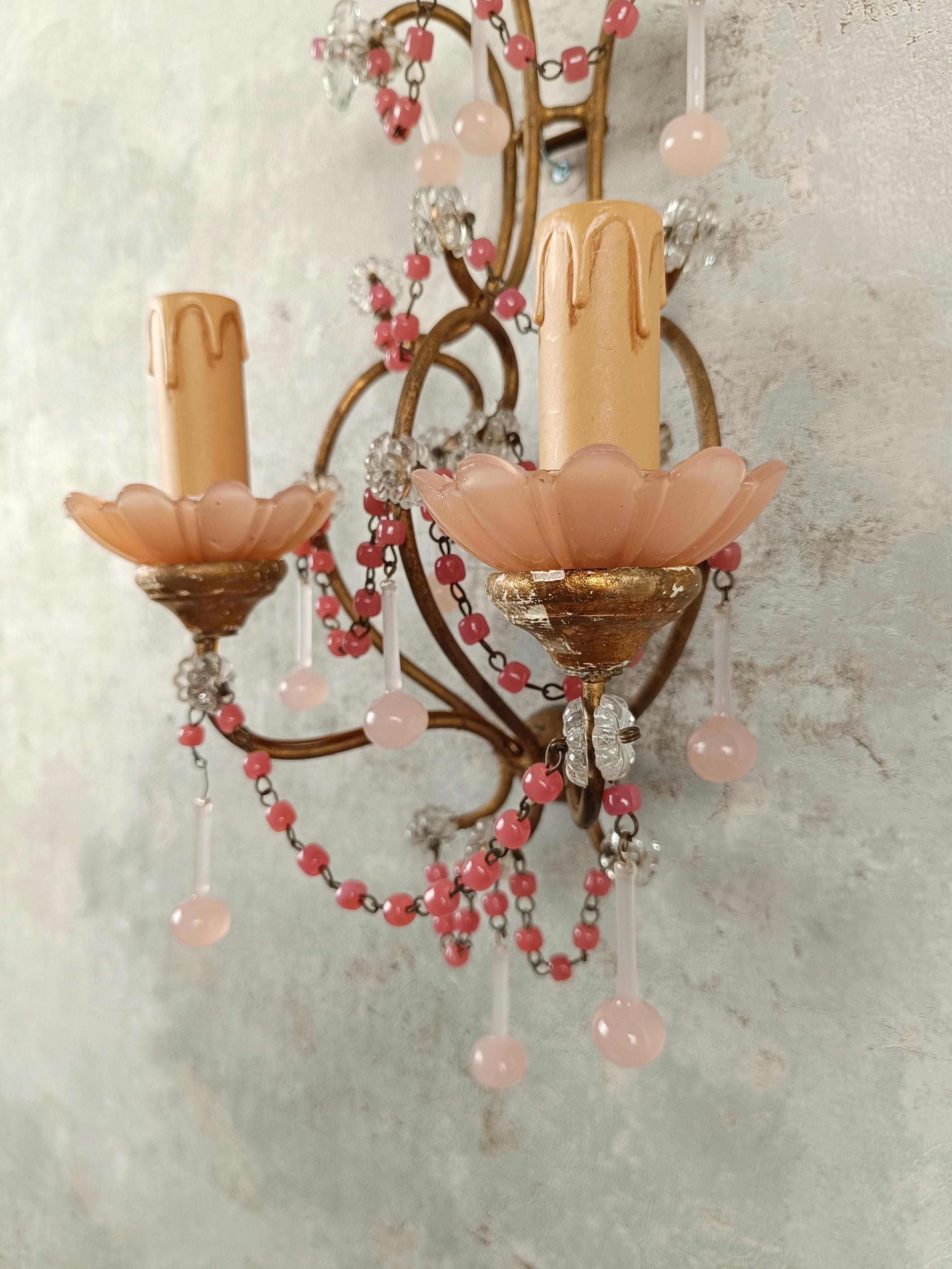 Gilded sconces with peachy pink opaline cups, crystal beaded and Murano drops  For Sale 5