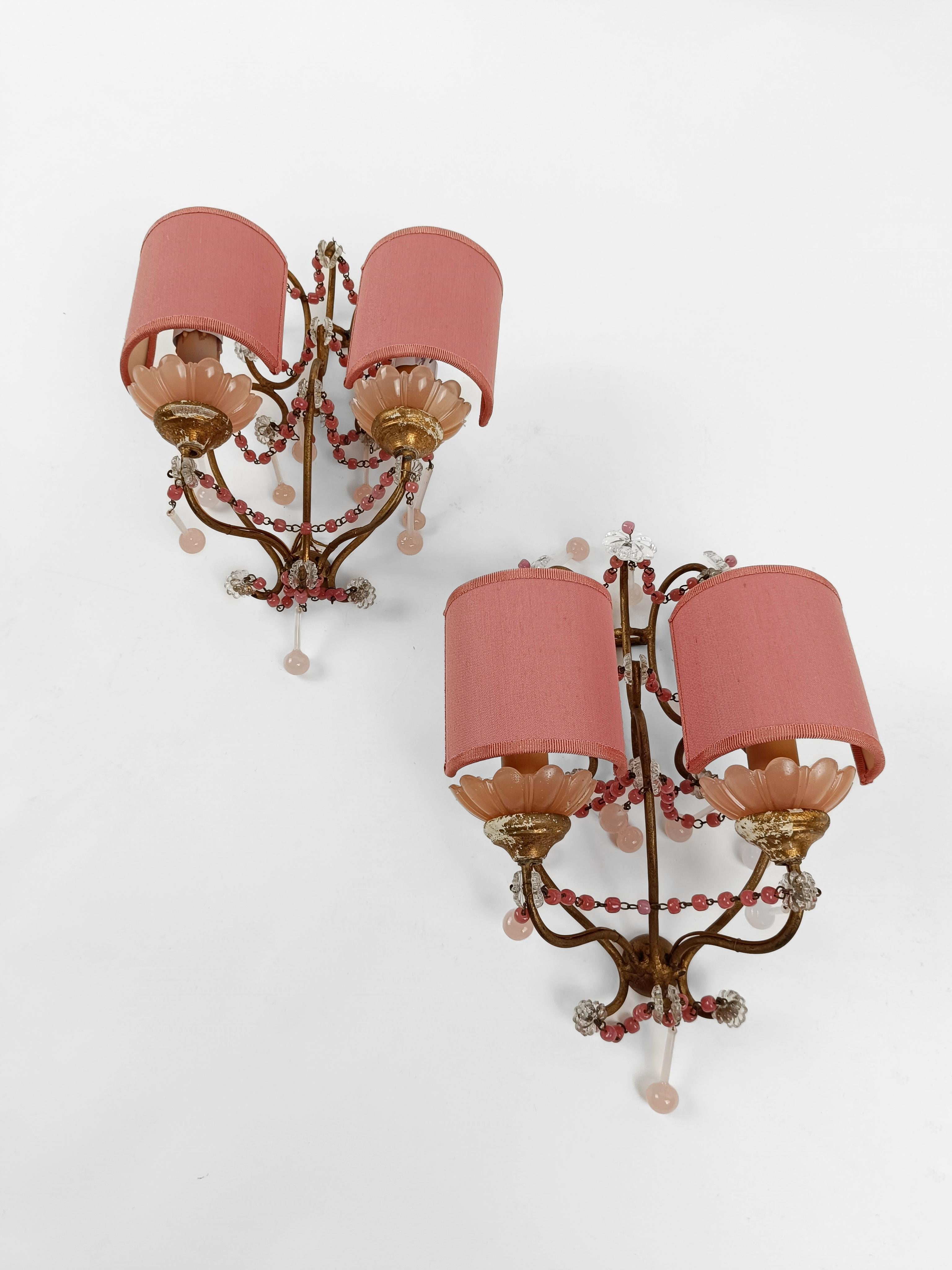 Gilded sconces with peachy pink opaline cups, crystal beaded and Murano drops  For Sale 9