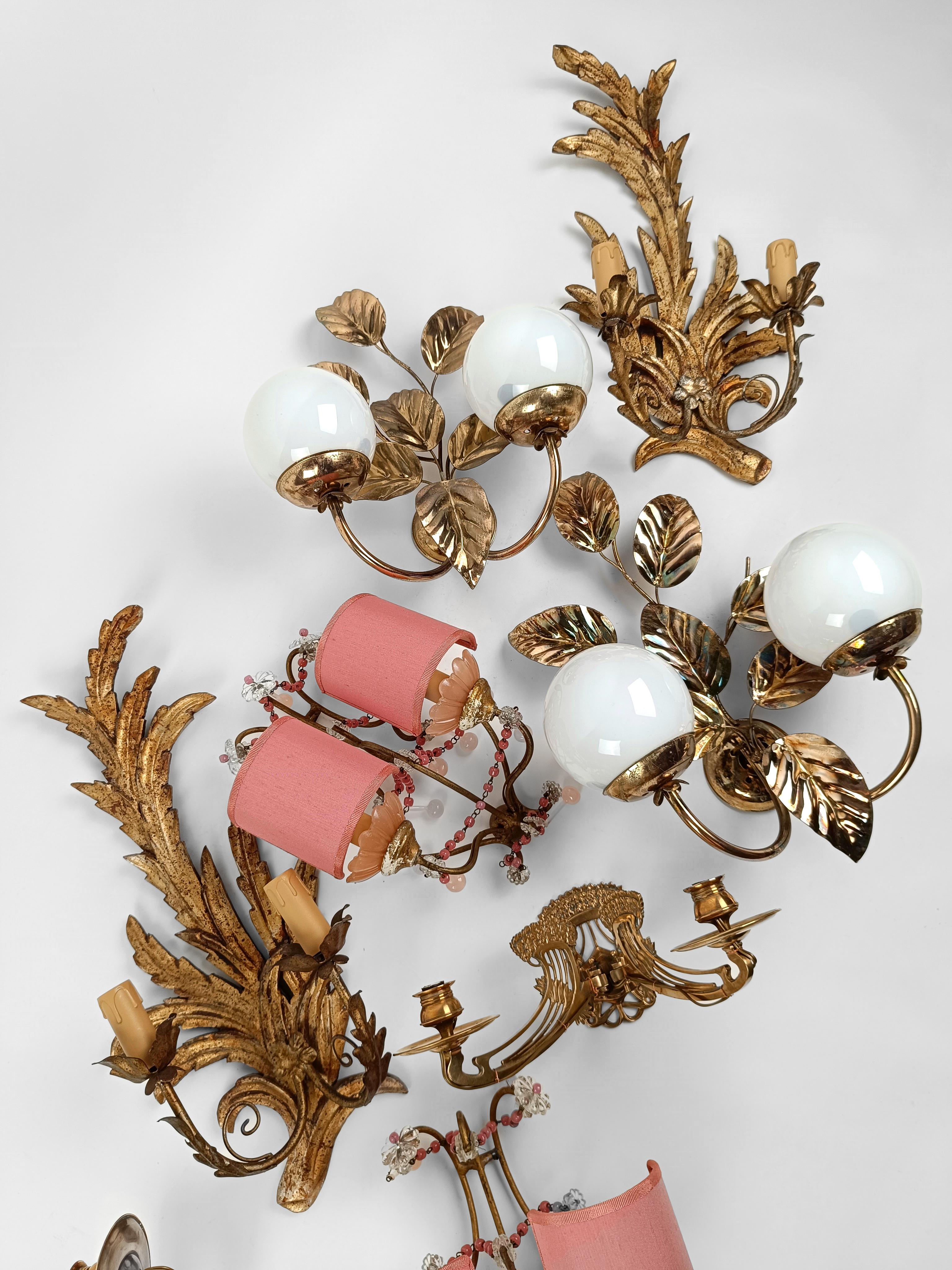 Gilded sconces with peachy pink opaline cups, crystal beaded and Murano drops  For Sale 12
