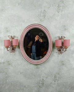 Applique dorate con coppe opaline rosa pesca, perline di cristallo e gocce di Murano