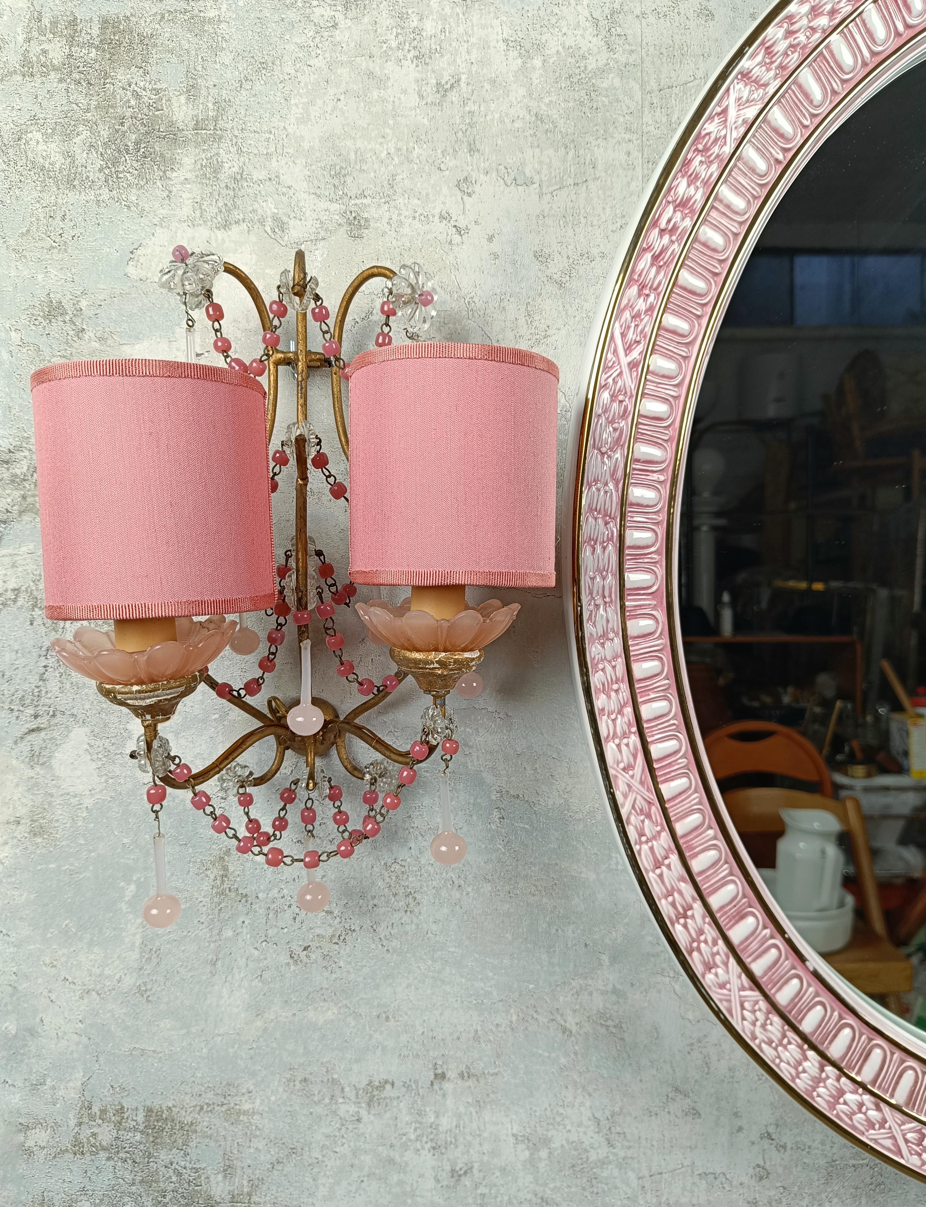 Romantic Gilded sconces with peachy pink opaline cups, crystal beaded and Murano drops  For Sale