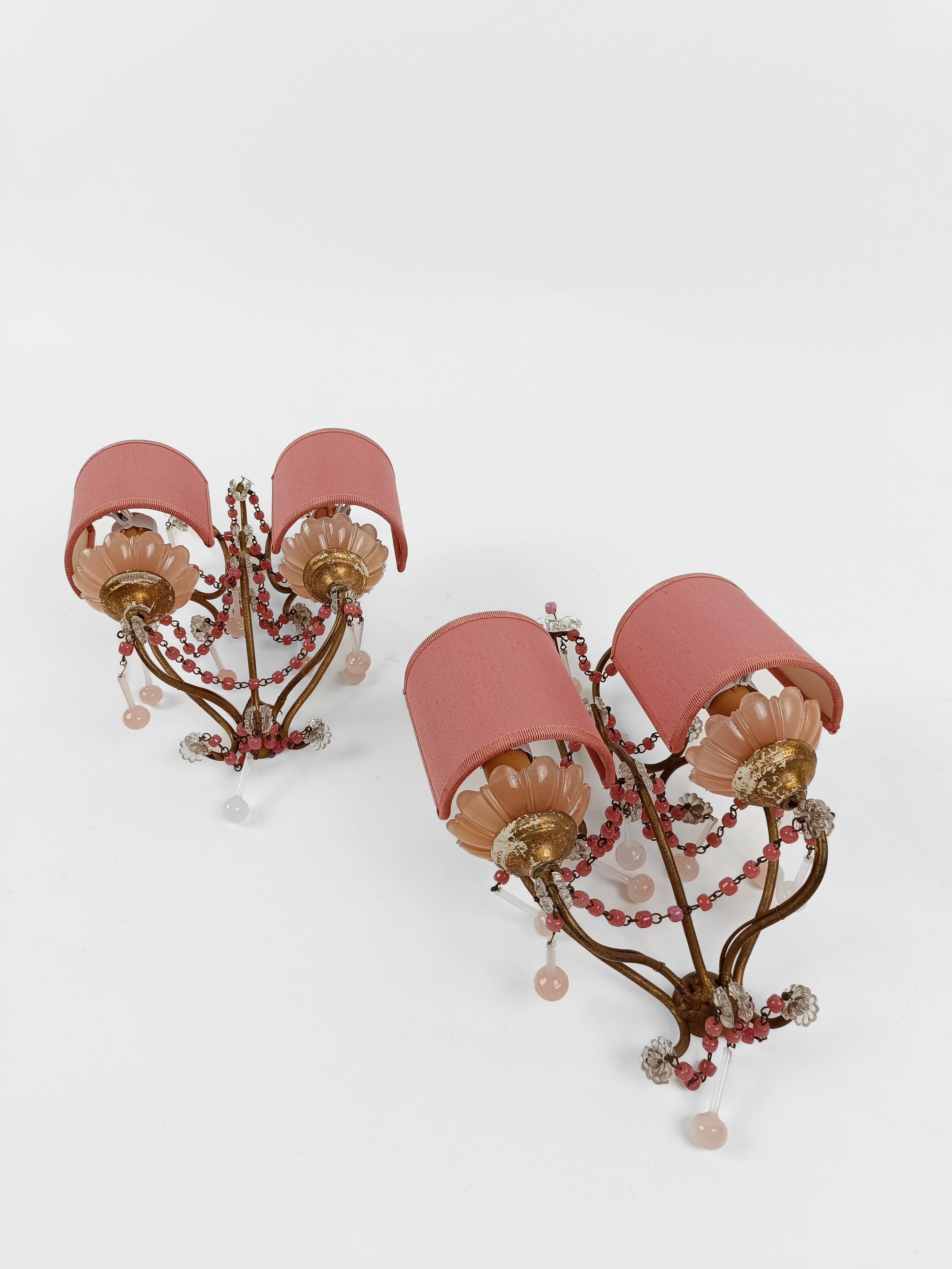 20th Century Gilded sconces with peachy pink opaline cups, crystal beaded and Murano drops  For Sale
