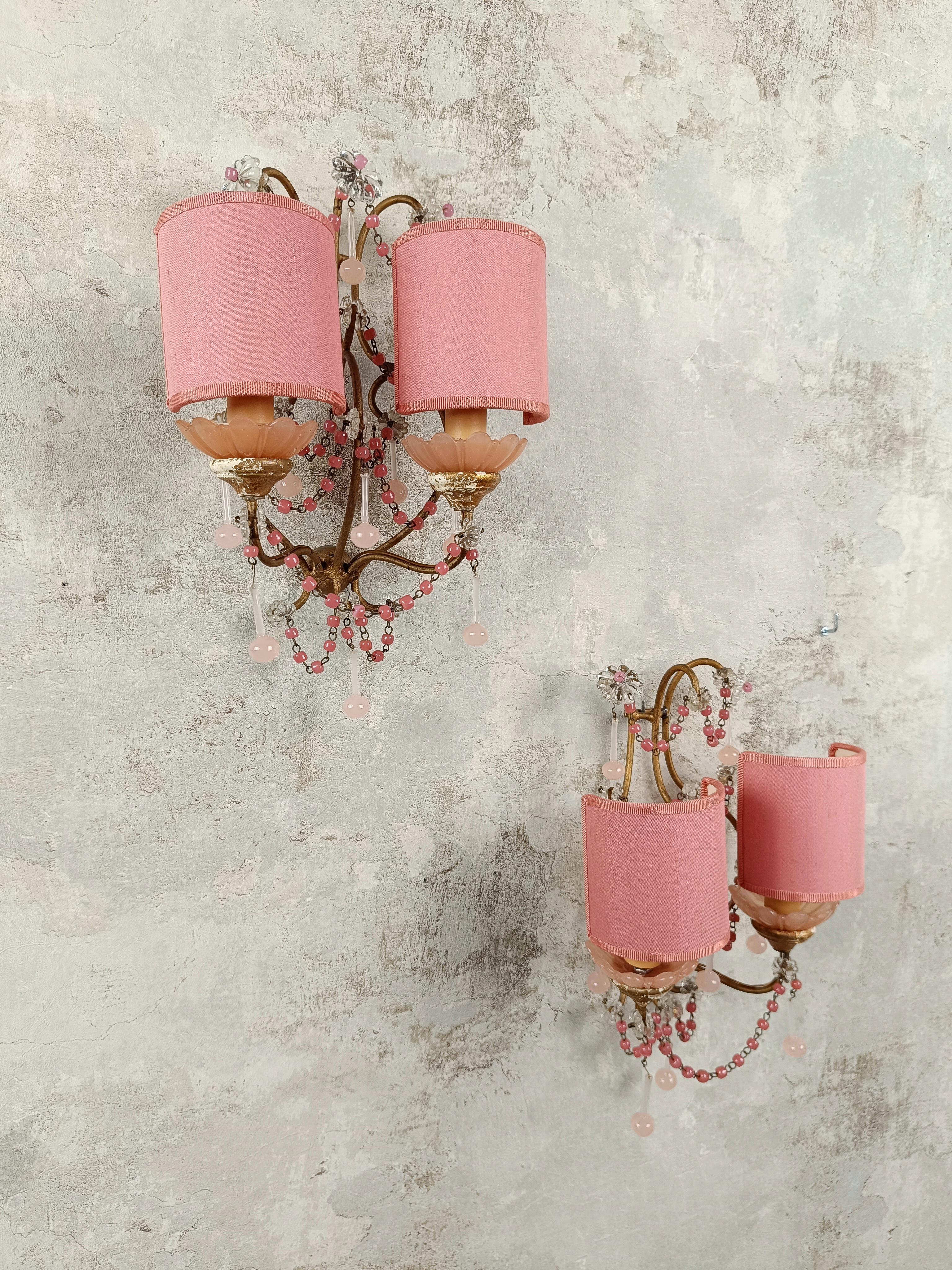 Beech Gilded sconces with peachy pink opaline cups, crystal beaded and Murano drops  For Sale