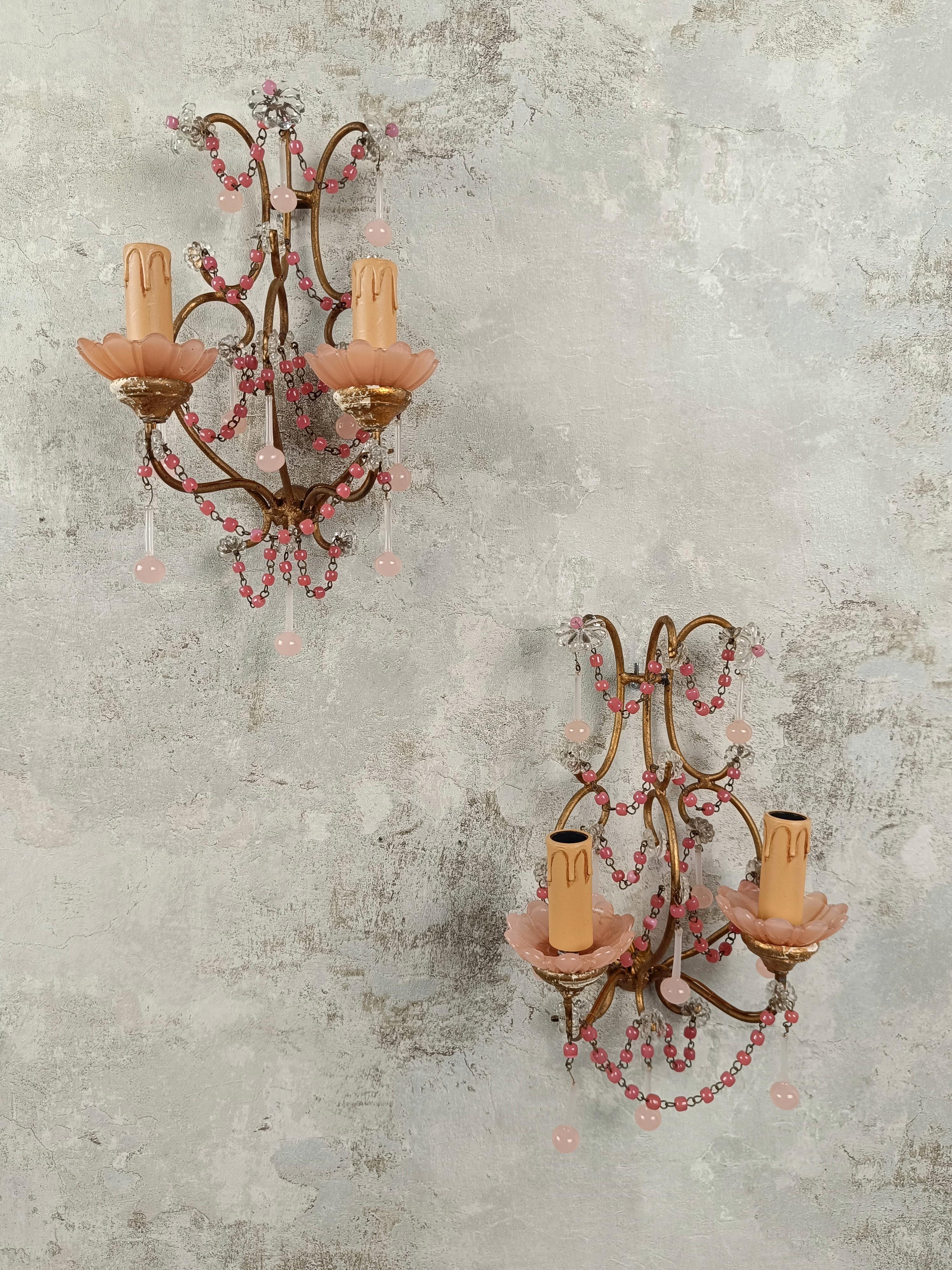 Gilded sconces with peachy pink opaline cups, crystal beaded and Murano drops  For Sale 1