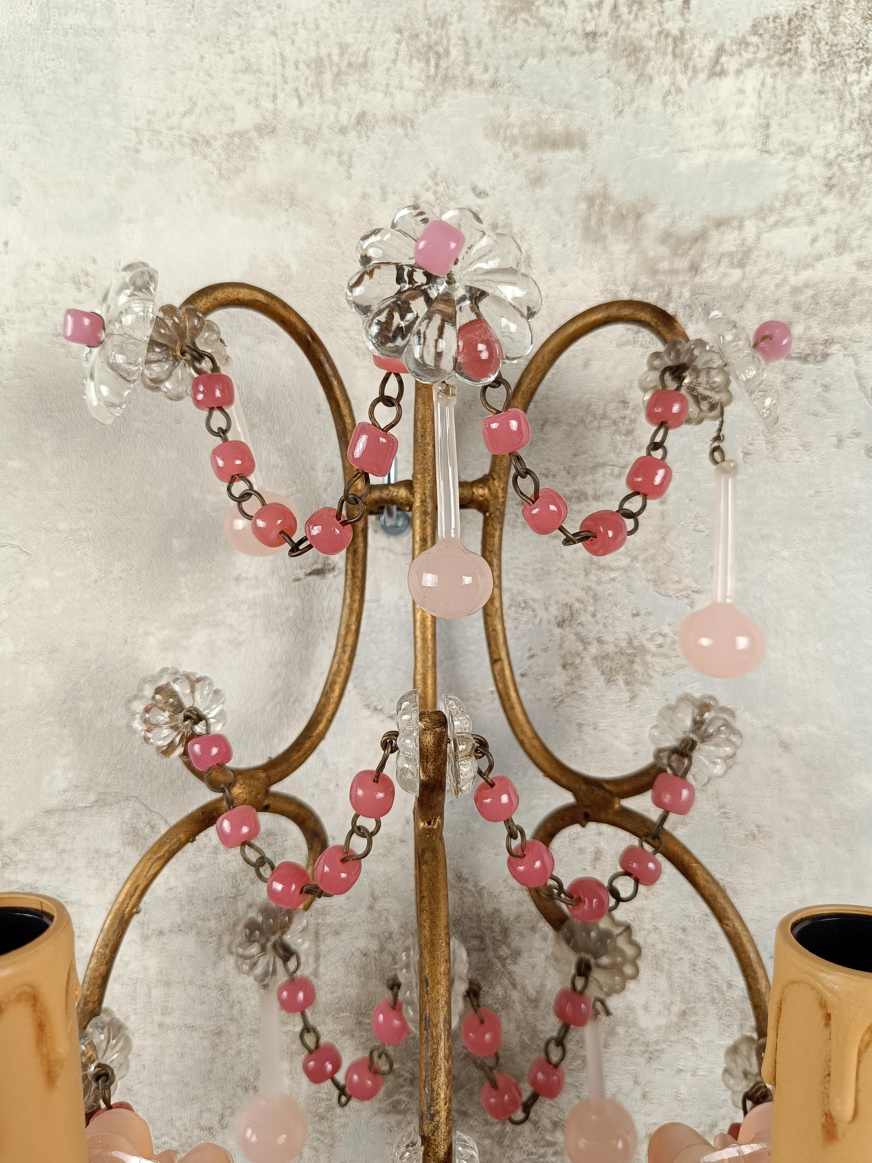 Gilded sconces with peachy pink opaline cups, crystal beaded and Murano drops  For Sale 2