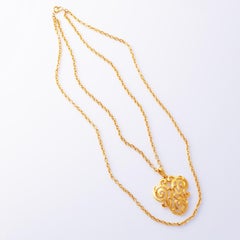 Gilded Scroll Pendant Necklace With Double Chain By Crown Trifari, 1960s