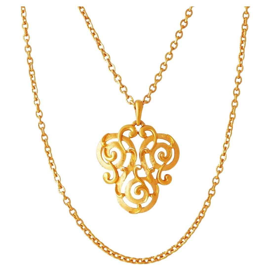 Gilded Scroll Pendant Necklace With Double Chain By Crown Trifari, 1960s