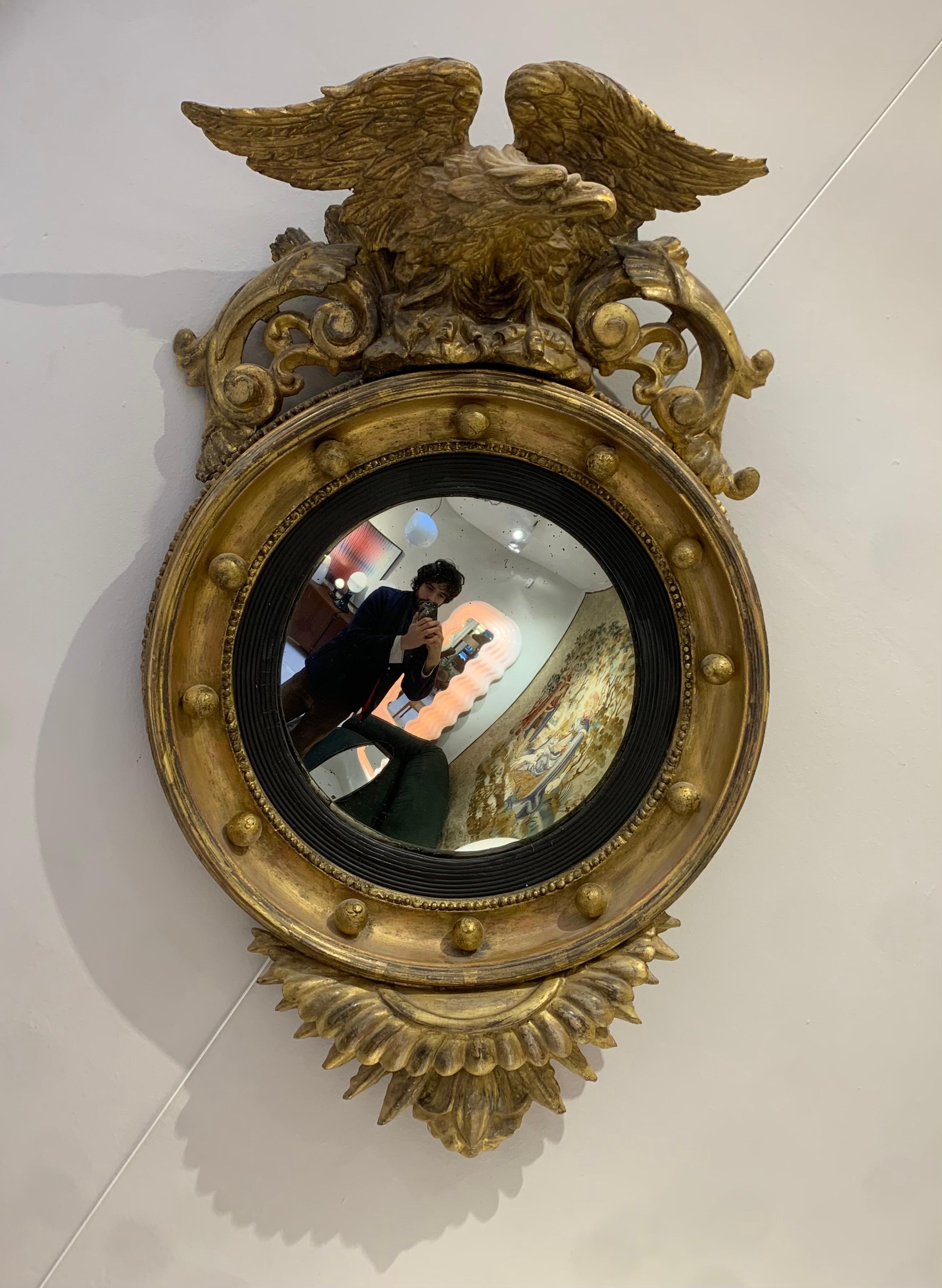Belgian Gilded sculpted wood eagle convex mirror - c.19th century