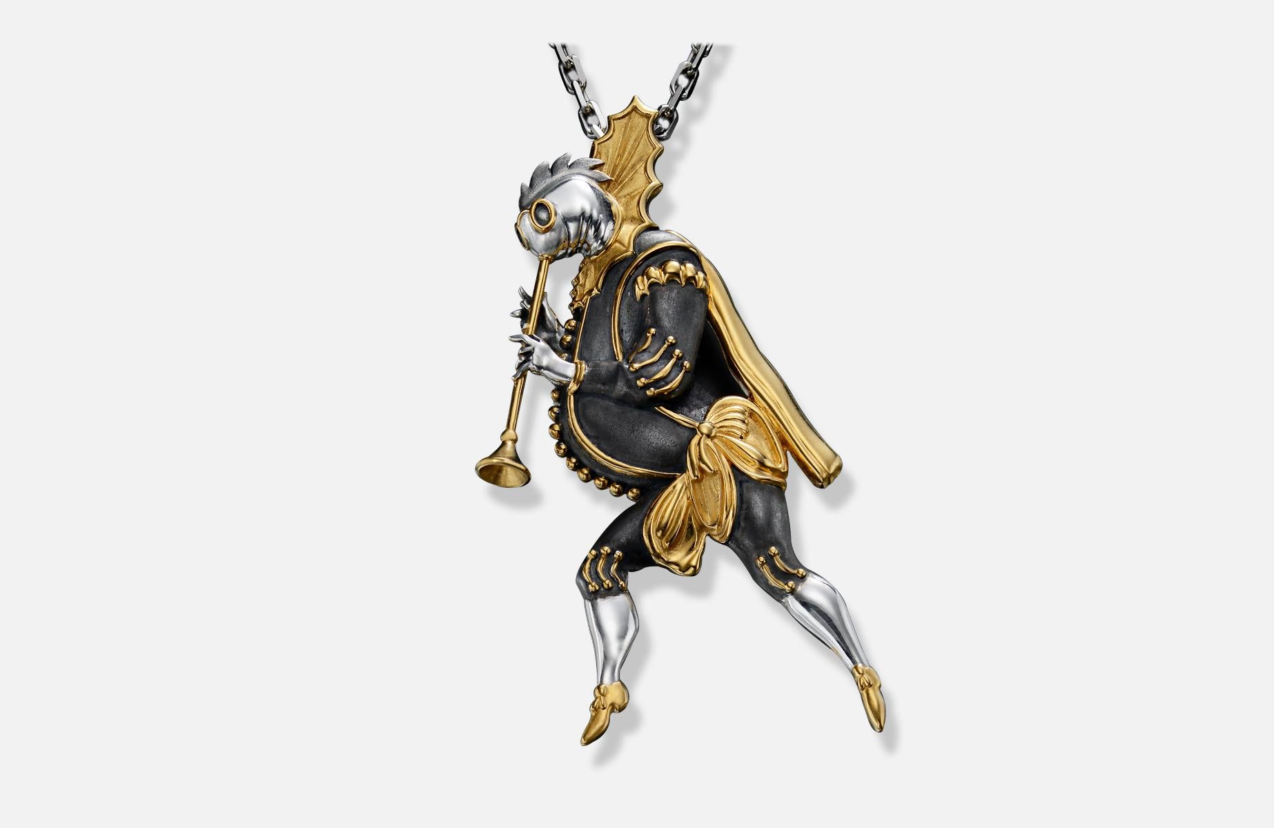 Brooch - Pendant The Aquatic Trumpeter. Bestiary series.
Gilded silver 22k brooch pendant with 24k gold plating
Pin 14k white gold 0.5 gr

Inspired by the costume design that Chemiakin undertook for the Mariinsky Theatre’s productions of the ballet