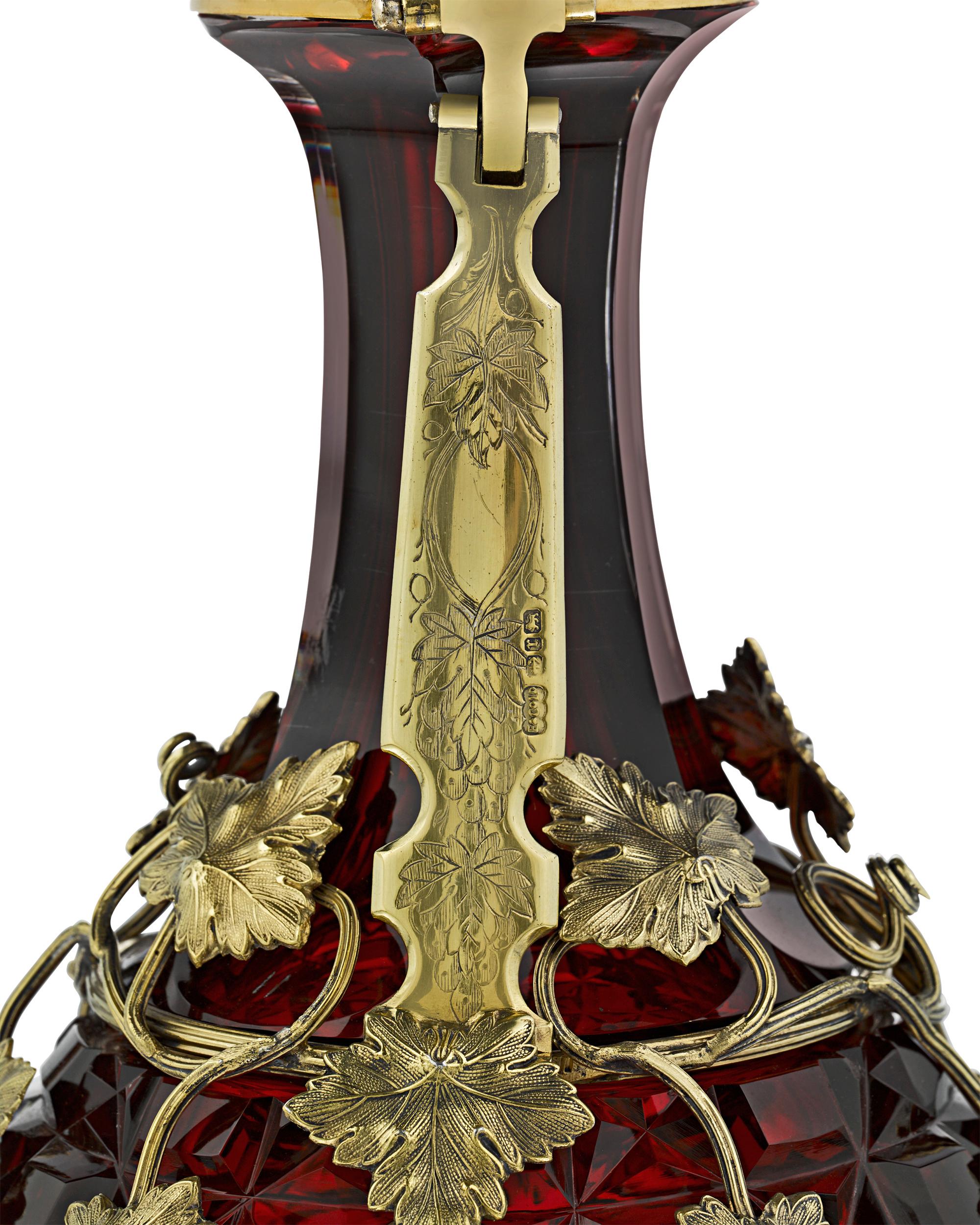 Gilt Gilded Silver and Cranberry Glass Decanters