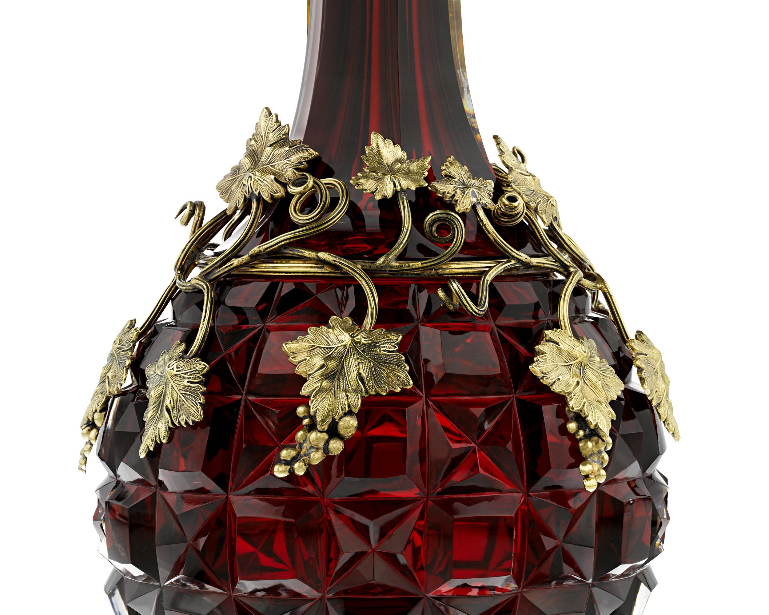 19th Century Gilded Silver and Cranberry Glass Decanters