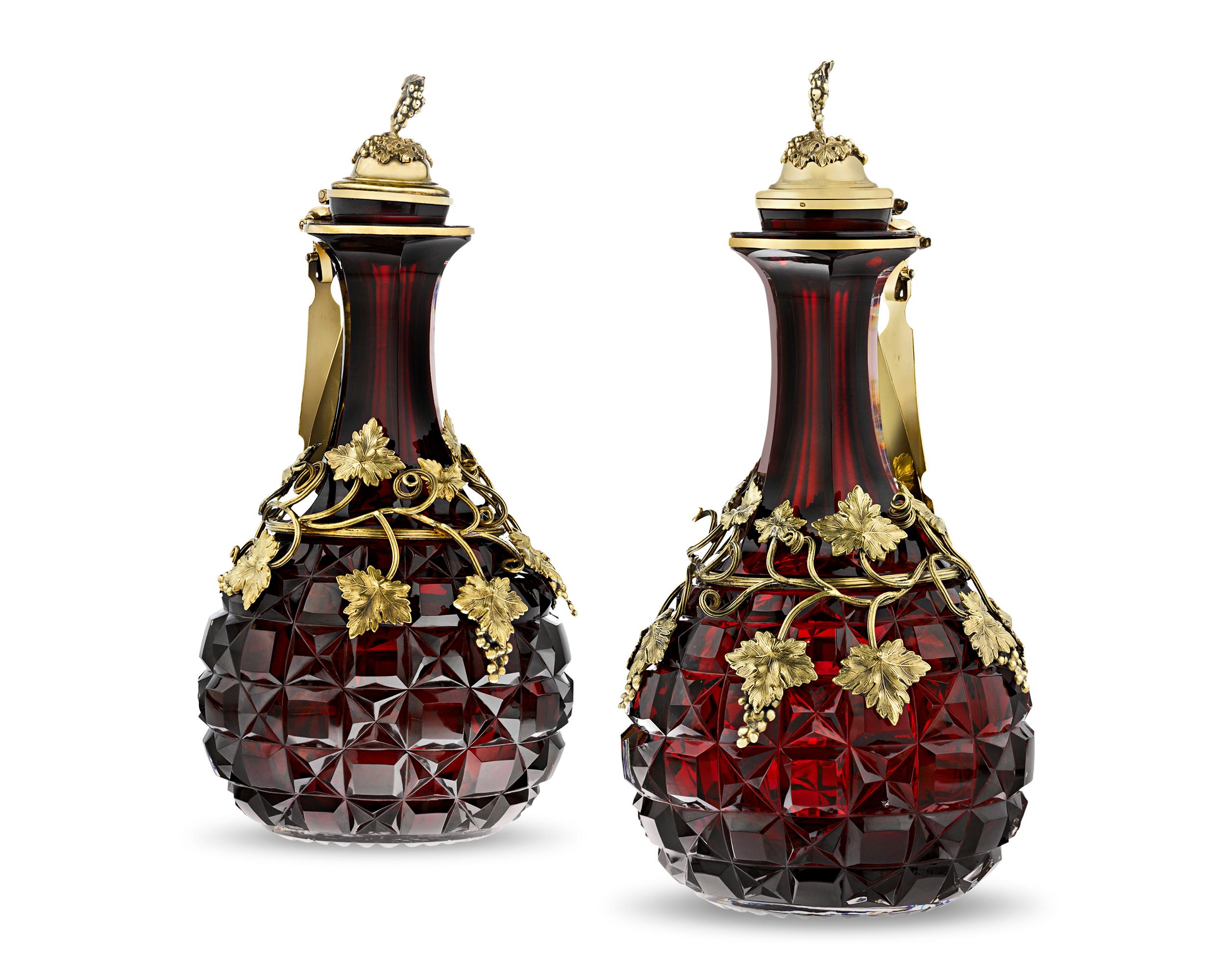 Gold Gilded Silver and Cranberry Glass Decanters