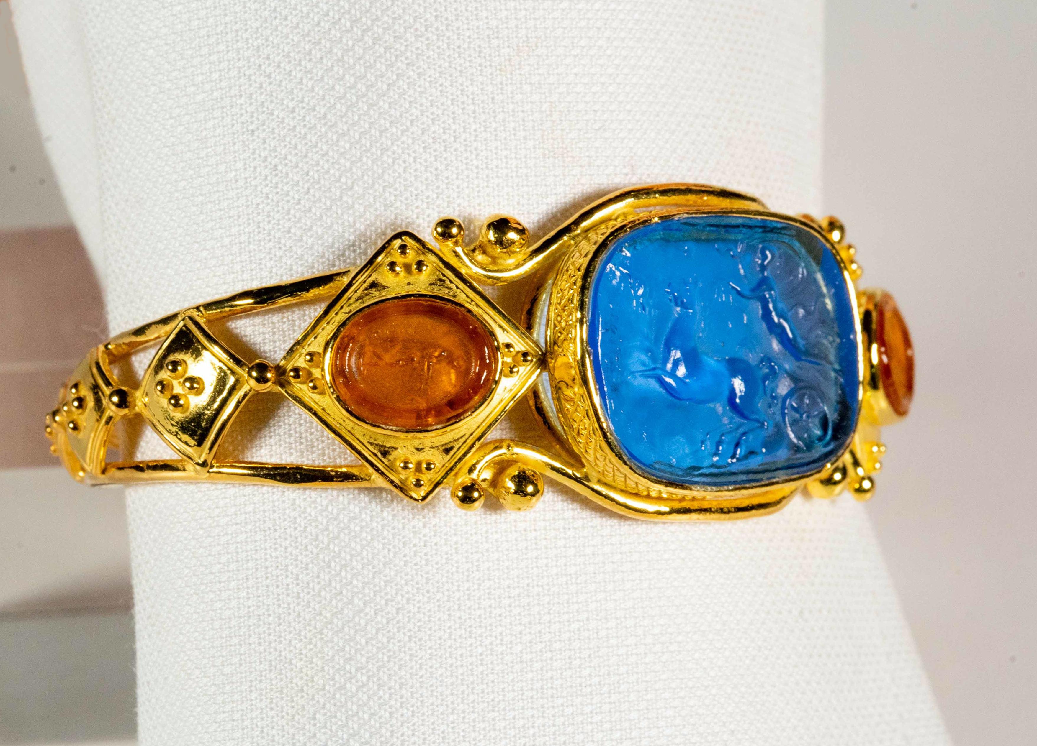 Etruscan Revival Gilded Silver Bracelet Blue Orange Glass Paste Cameo Etruscan Jewelery Style