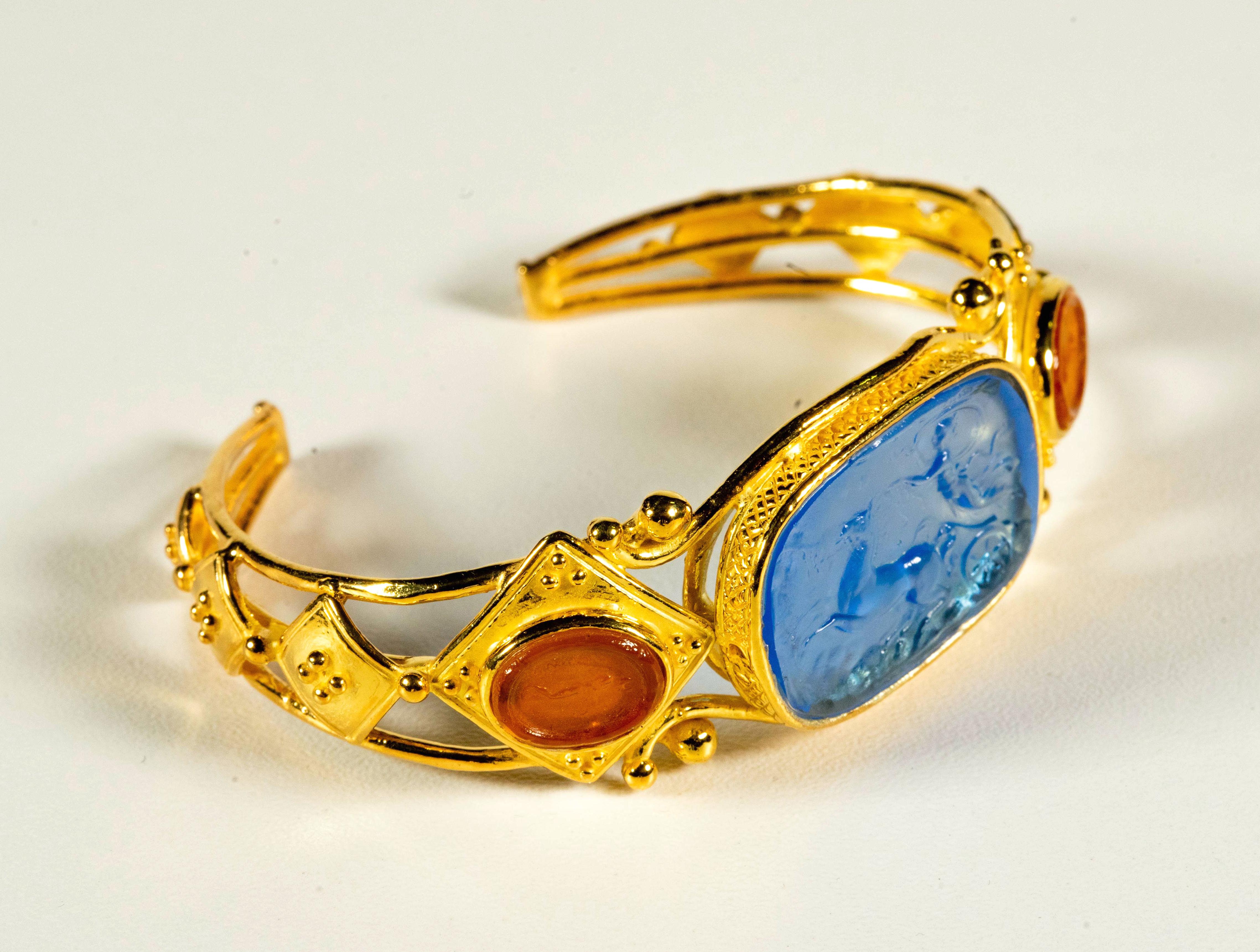 Gilded Silver Bracelet Blue Orange Glass Paste Cameo Etruscan Jewelery Style In New Condition In Rome, IT