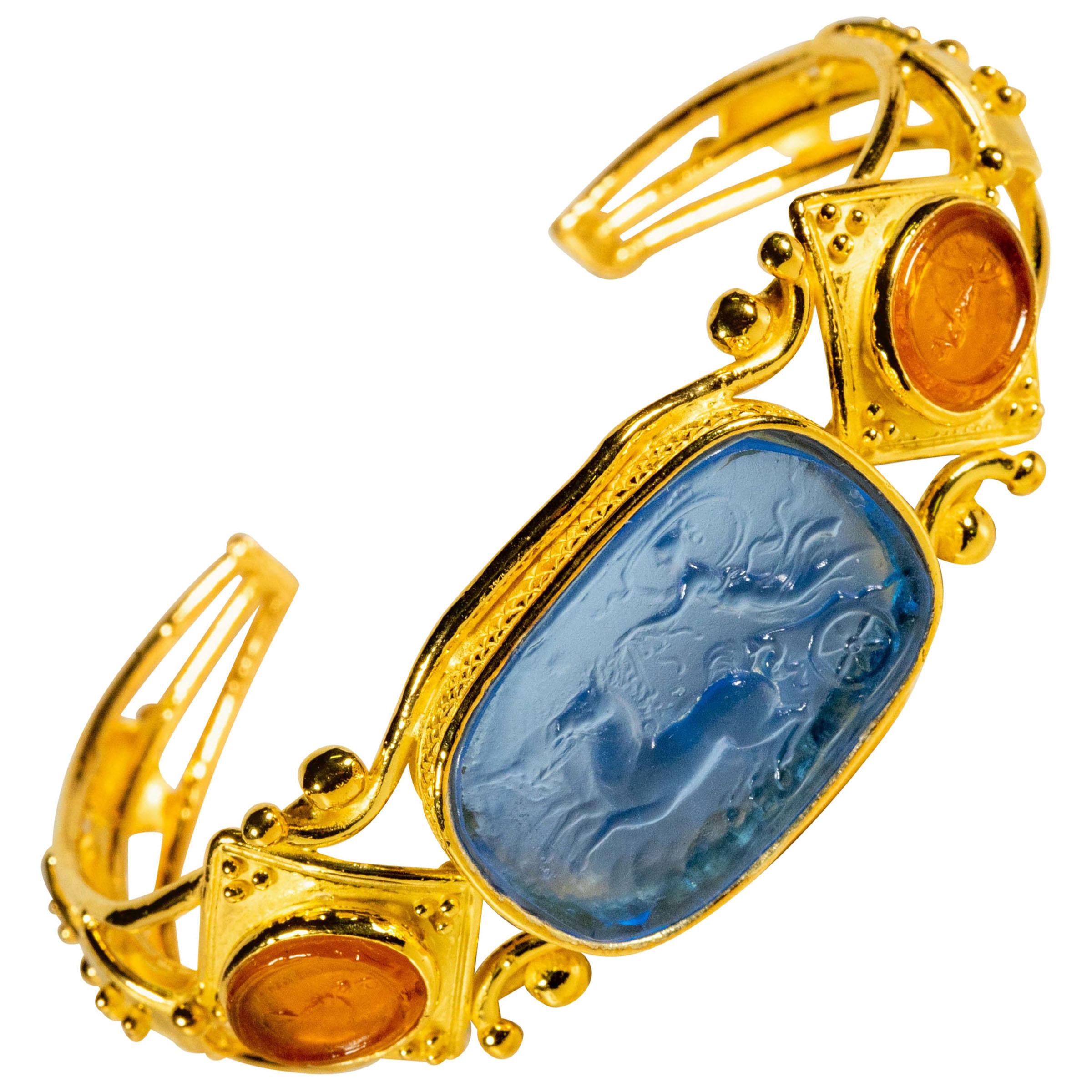 Gilded Silver Bracelet Blue Orange Glass Paste Cameo Etruscan Jewelery Style